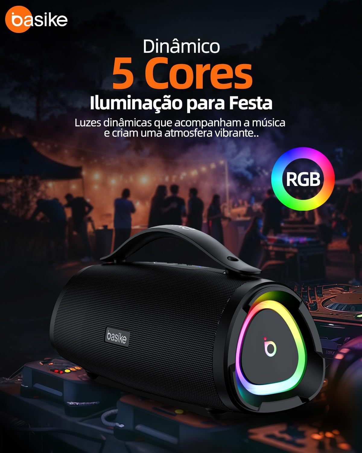 Basike Ba-RAD289 speaker showing multiple playback modes: Bluetooth, TF card, USB-A, AUX, Type-C