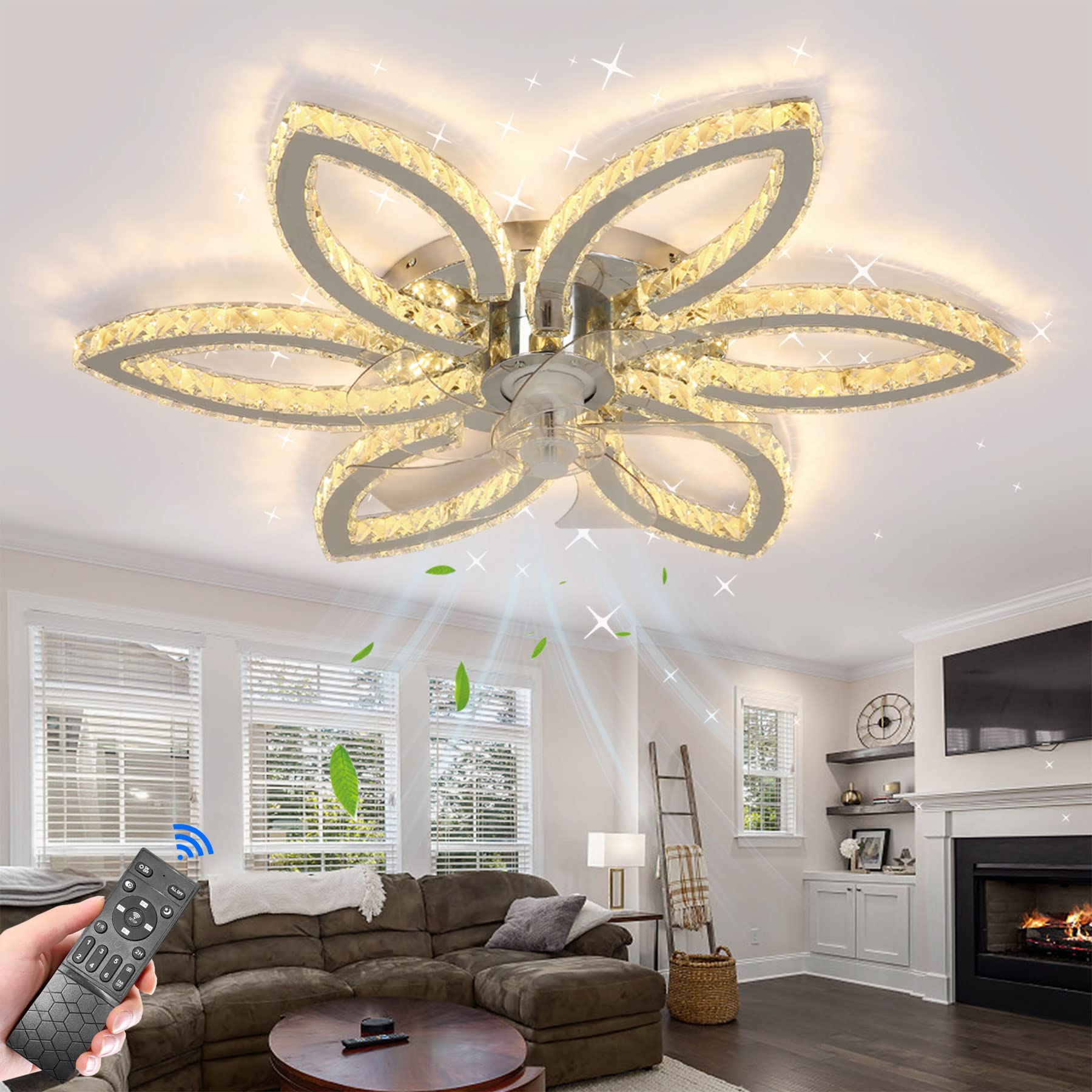 Ceiling Fans with Lights,34" Crystal Ceiling Fan,6-Speed Low Profile Ceiling Fan, Dimmable LED Fan Chandelier for Living Room Bedroom
