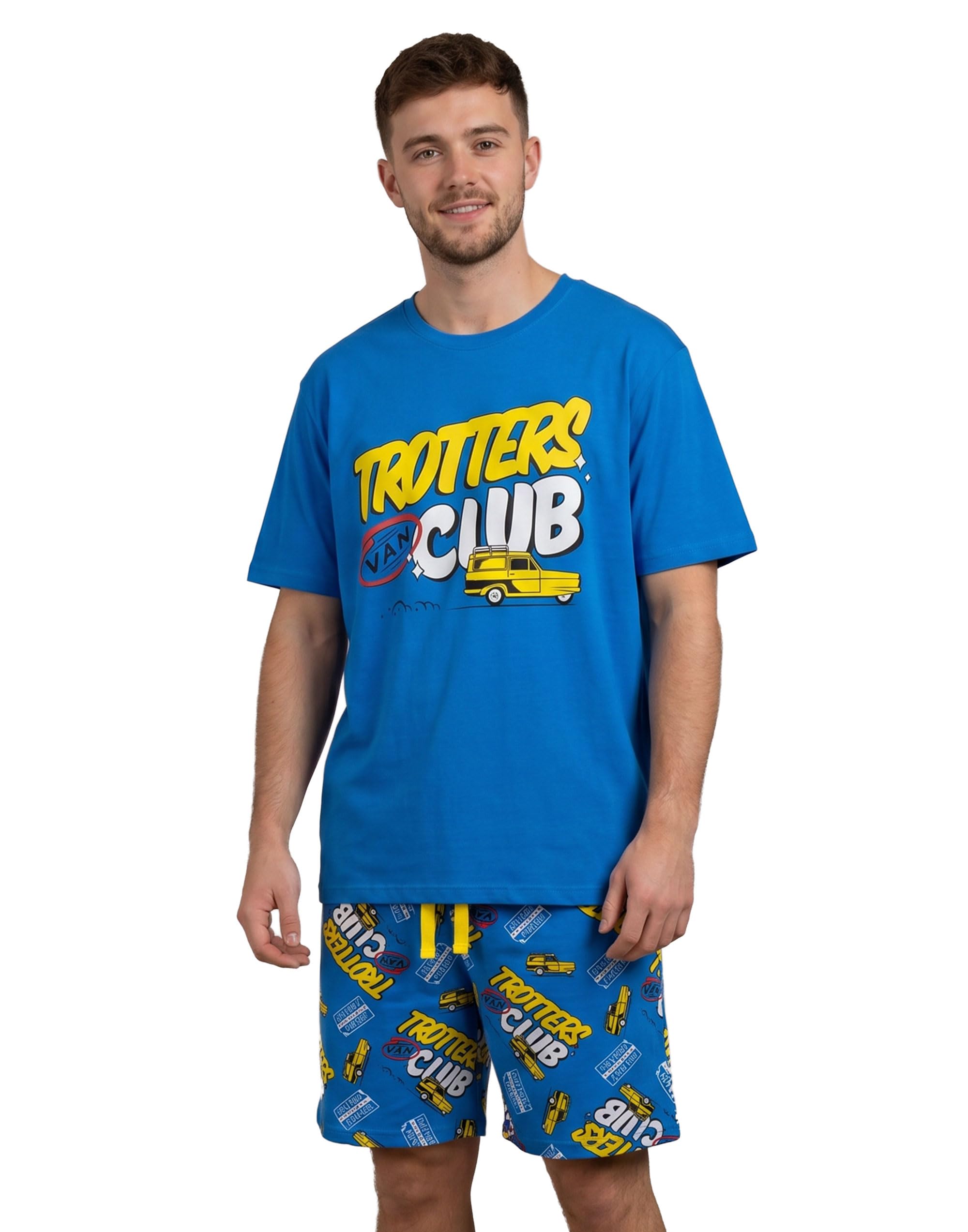 Only Fools and Horses Mens Blue Trotters Club Short Sleeve Pyjama Set | Graphic Print Shorts with Elasticated Waistband | Van Logo Nightwear | TV Series Merch