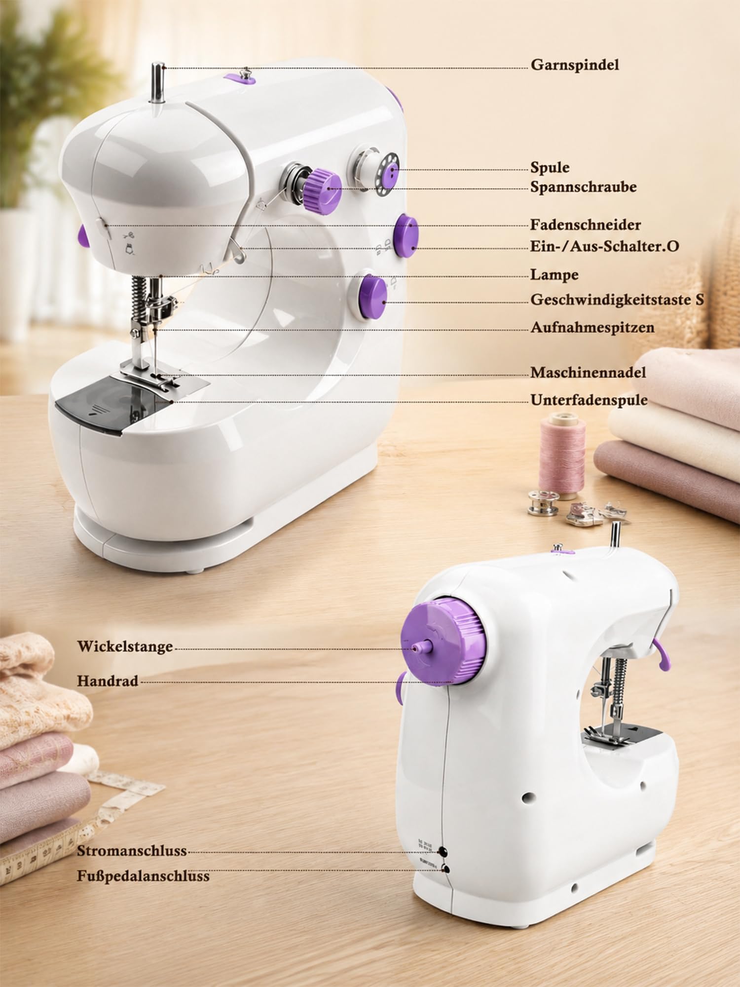 BRICH Mini-Nähmaschine für Anfänger & Kinder, tragbar, Erweiterungstisch | 2 Geschwindigkeiten, ideal für Anfänger und Kinder.Praktischer Erweiterungstisch für mehr Arbeitsfläche bei DIY-Projekten