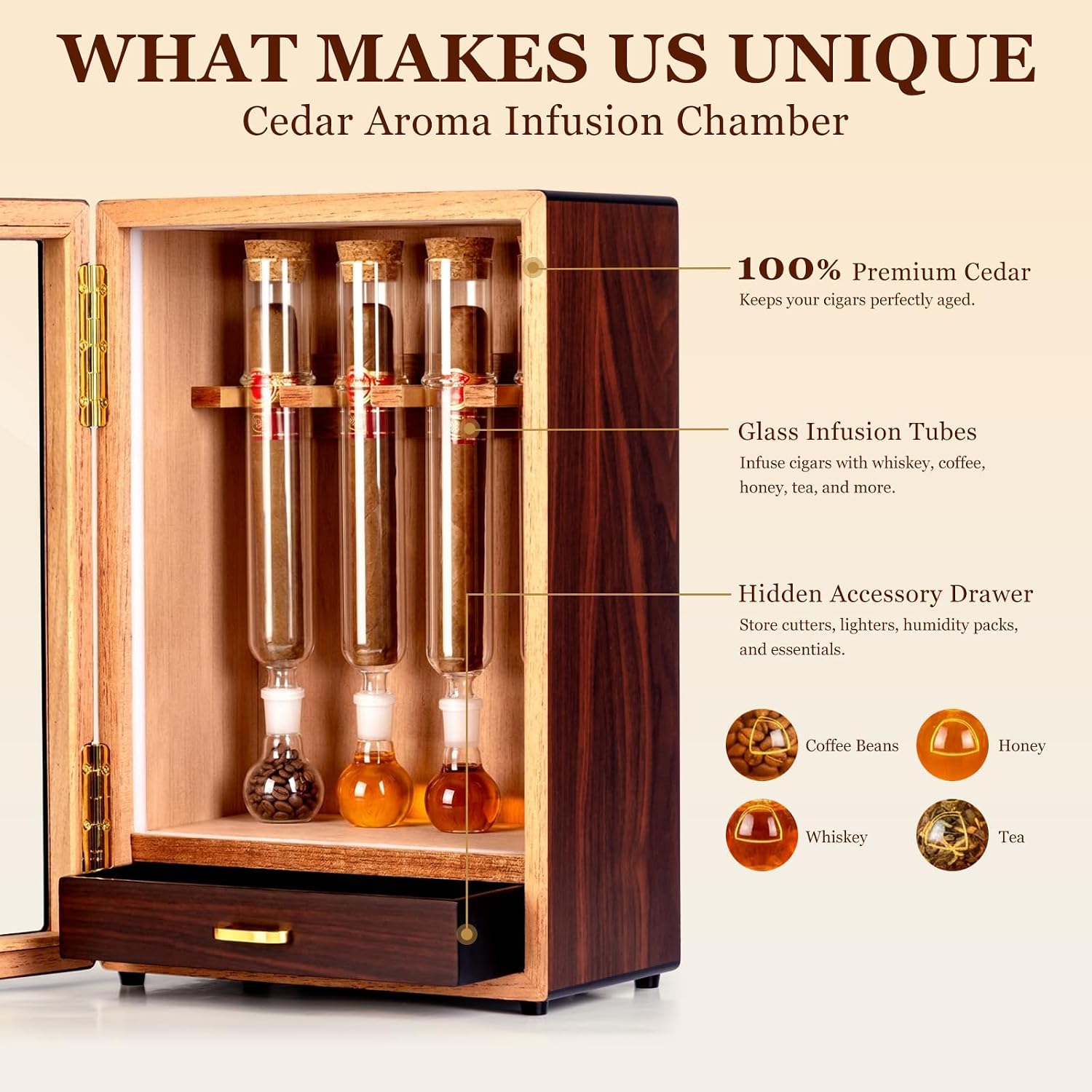 Cigar Flavoring Humidor Cabinet for 4 Cigars, Borosilicate Glass Tubes with Spanish Cedar Display Case, Removable Aroma Tubes, Portable Cigar Humidor for Flavor Mellowing, Gift Set