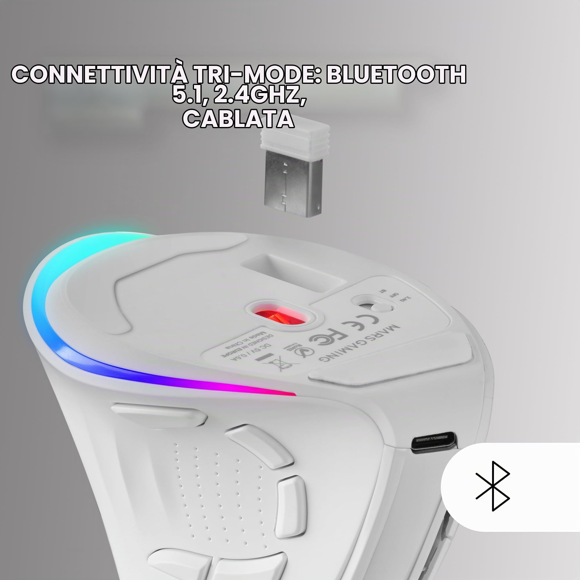 Mars Gaming MM-SK, Mouse Gaming Wireless Verticale, Design Ergonomico, Illuminazione RGB Chroma, Sensore Ottico Pixart 8400DPI, Switch Meccanici Huano, 9 Pulsanti Programmabili, Mouse Tri-Mode, Bianco