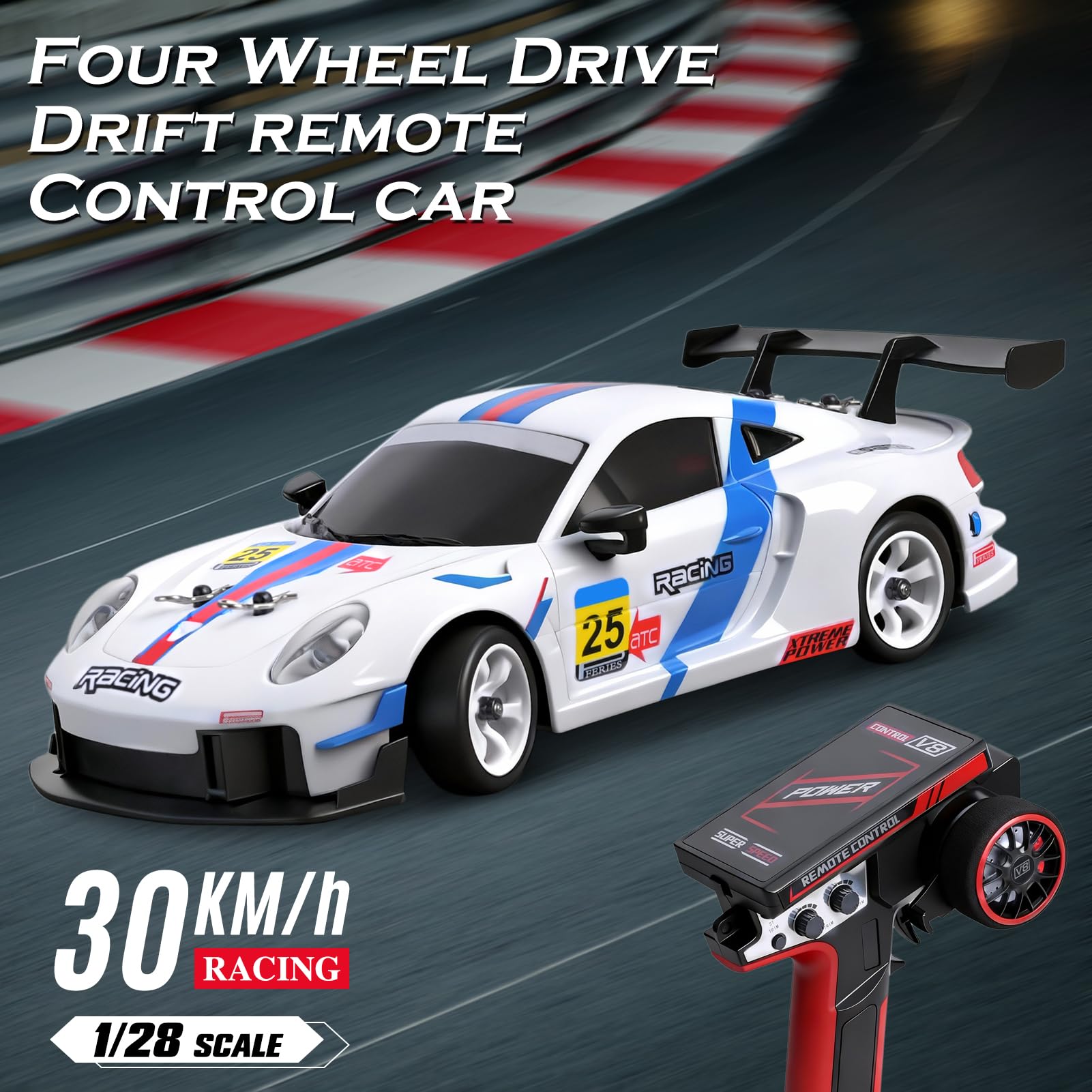 Drift Auto 1:28 30 km/h RC Drift Car napęd na wszystkie koła z fajnymi lampami LED, zdalnie sterowany samochód zdalnie sterowany do różnych terenów