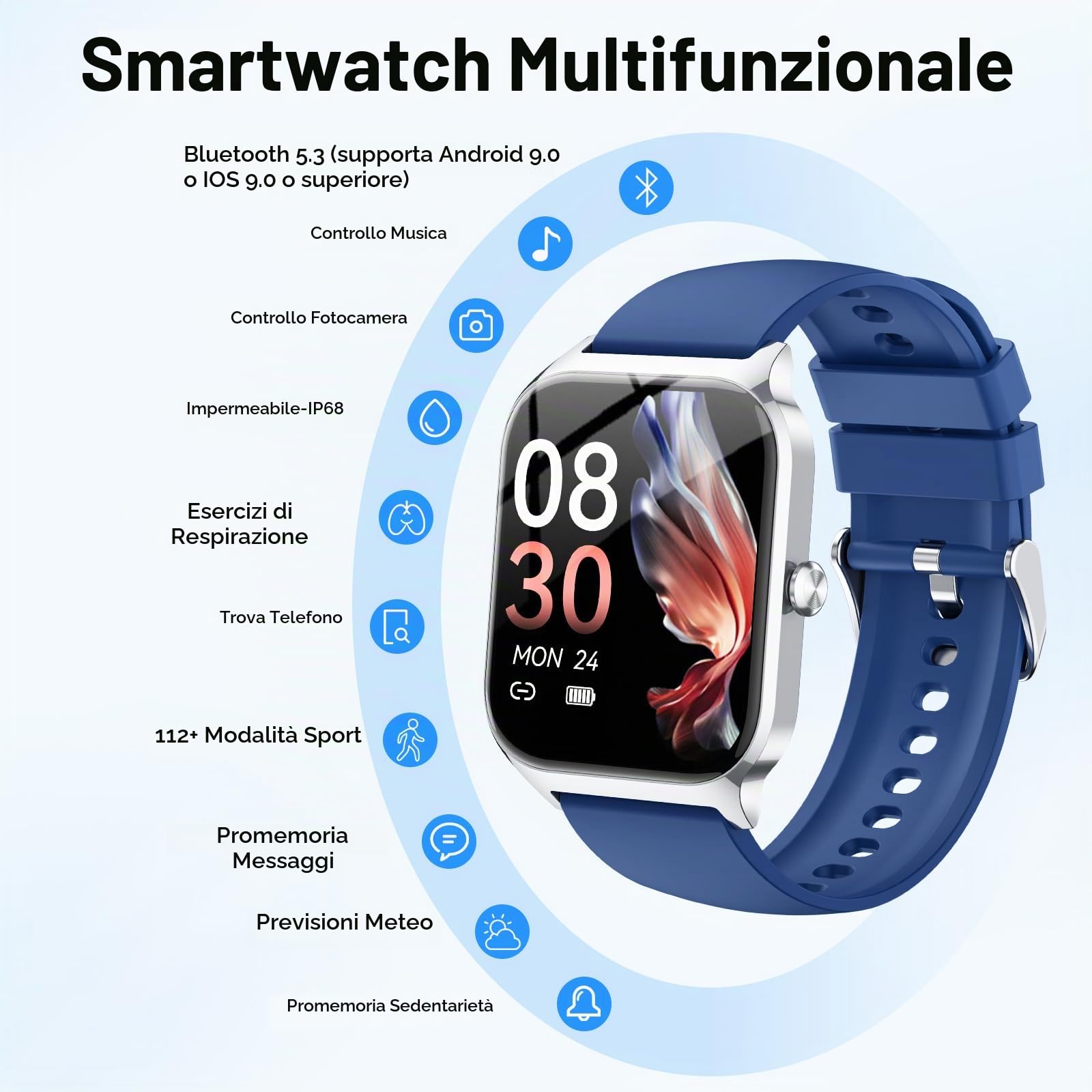 Smartwatch Uomo, 1.85'' Orologio Smartwatchcon Chiamate Bluetooth/ Assistente vocale AI, 115+ Sportive Smart Watch con Contapassi/Sonno/Cardiofrequenzimetro,IP68 Fitness Tracker per iOS Android Blu