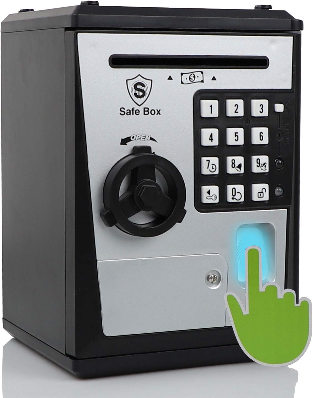 Lyght Mini ATM Savings Bank for Real Money, Electronic Voice Piggy Banks, Fingerprint Password, Kids Safe Box, Cool Stuff Gift for Boys and Girls Silver/Black