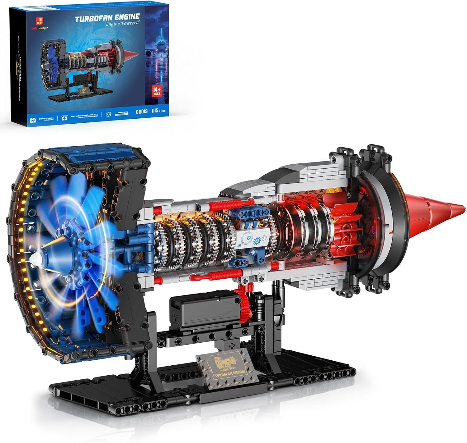JMBricklayer Motore turbofan 60019, 1:12, motorizzato con LED | 1.115+ pezzi, turbofan in sezione con ventola, compressore e turbina rotanti, illuminazione LED e supporto da esposizione