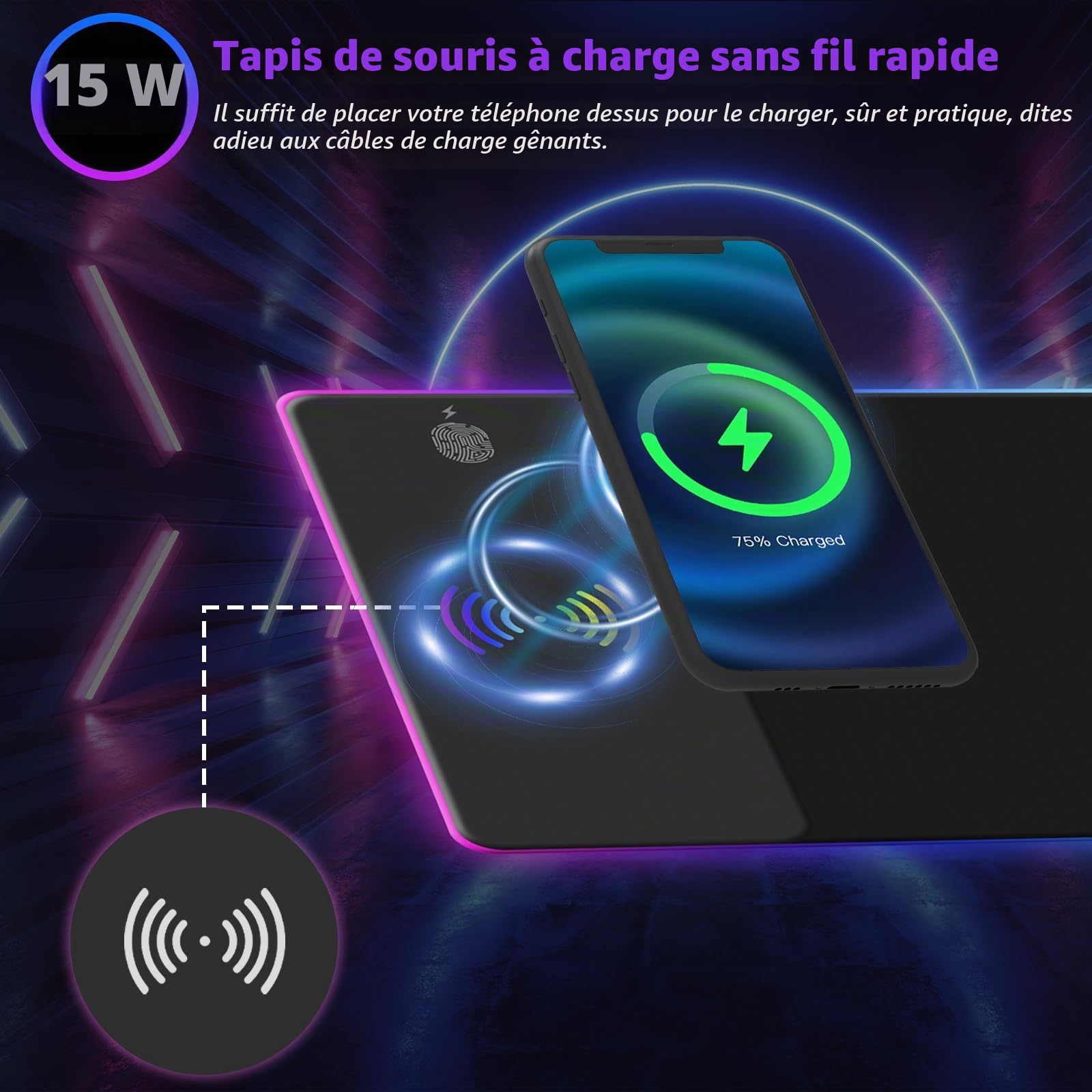 Tapis de Souris de Jeu RGB avec Charge sans Fil 15W, 14 Modes d'éclairage LED, Taille XXL 800x300x4mm, Base en Caoutchouc antidérapante pour Gaming, MacBook, PC
