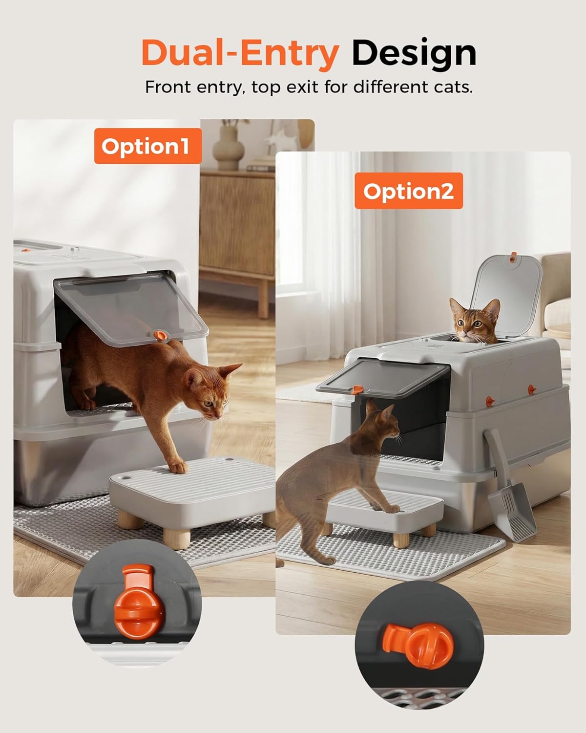 GTPLAYER XXXL Stainless Steel Cat Litter Box with Lid, Dual-Entry Enclosed Litterbox (Front Entry & Top Exit), High-Sided, Non-Stick, Odor Control, for Big Cats, with Mat, Scoop & Step, Grey