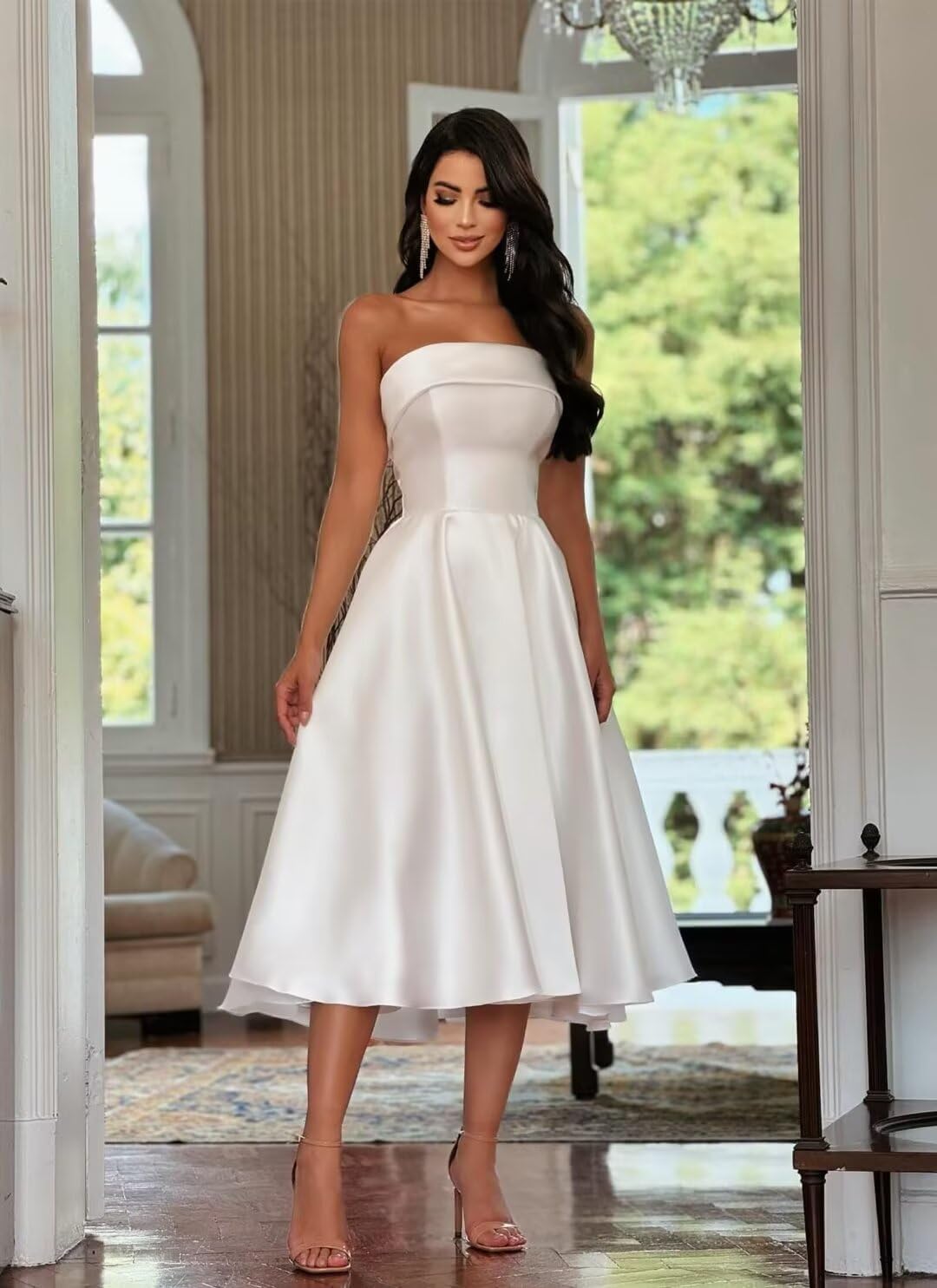 Tea Length Satin Cocktail Party Dresses for Women, Strapless Midi Formal Evening Gowns Backless Wedding Guest Dresses