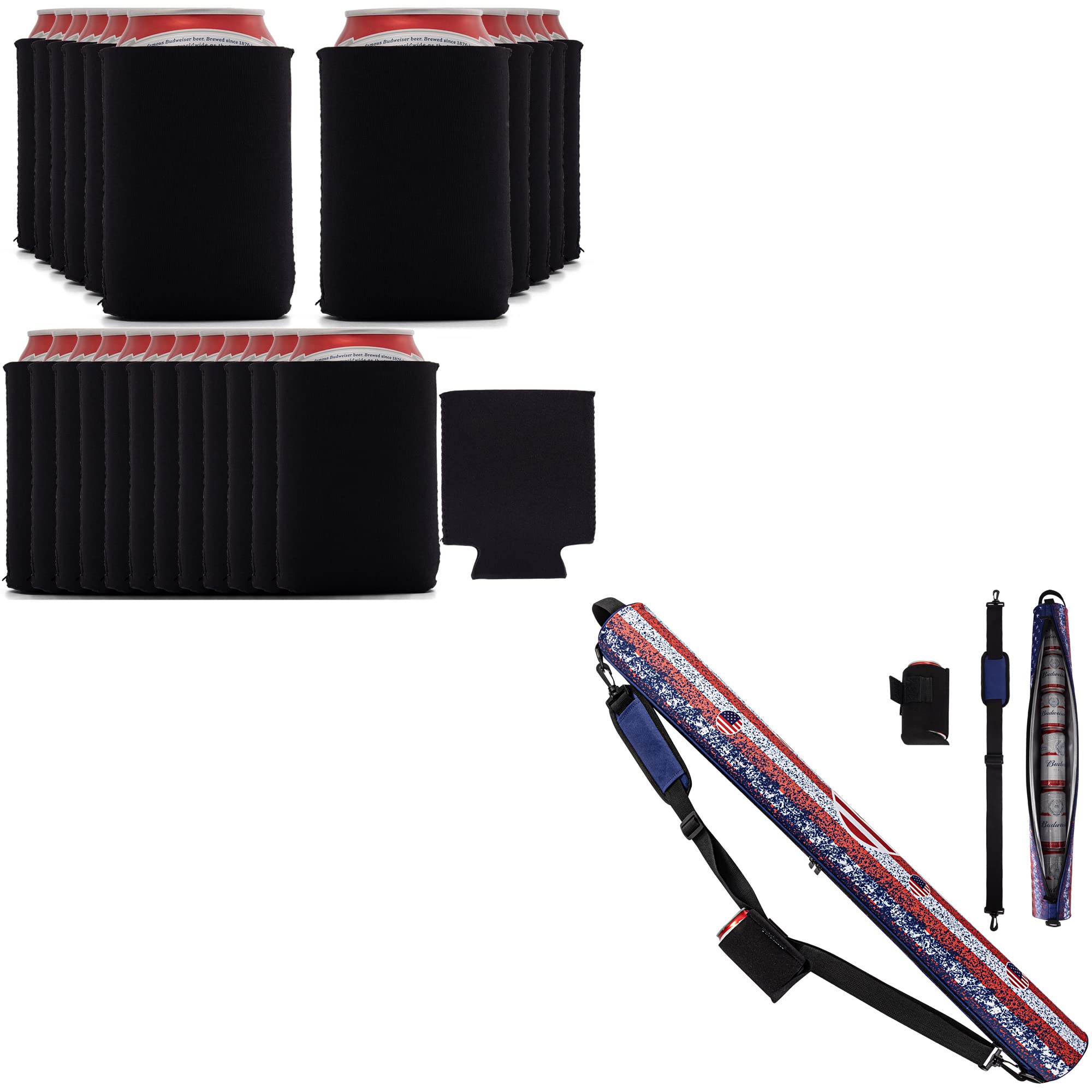 LUCKIPLUS 50 Pcs Black Beer Can Coolers Neoprene Can Sleeves Collapsible Insulated Coolers Bulk + America Flag Golf Beer Cooler Bag Sleeve 7 Can Beverage Sleeve Cooler w Detachable Canned Cooler