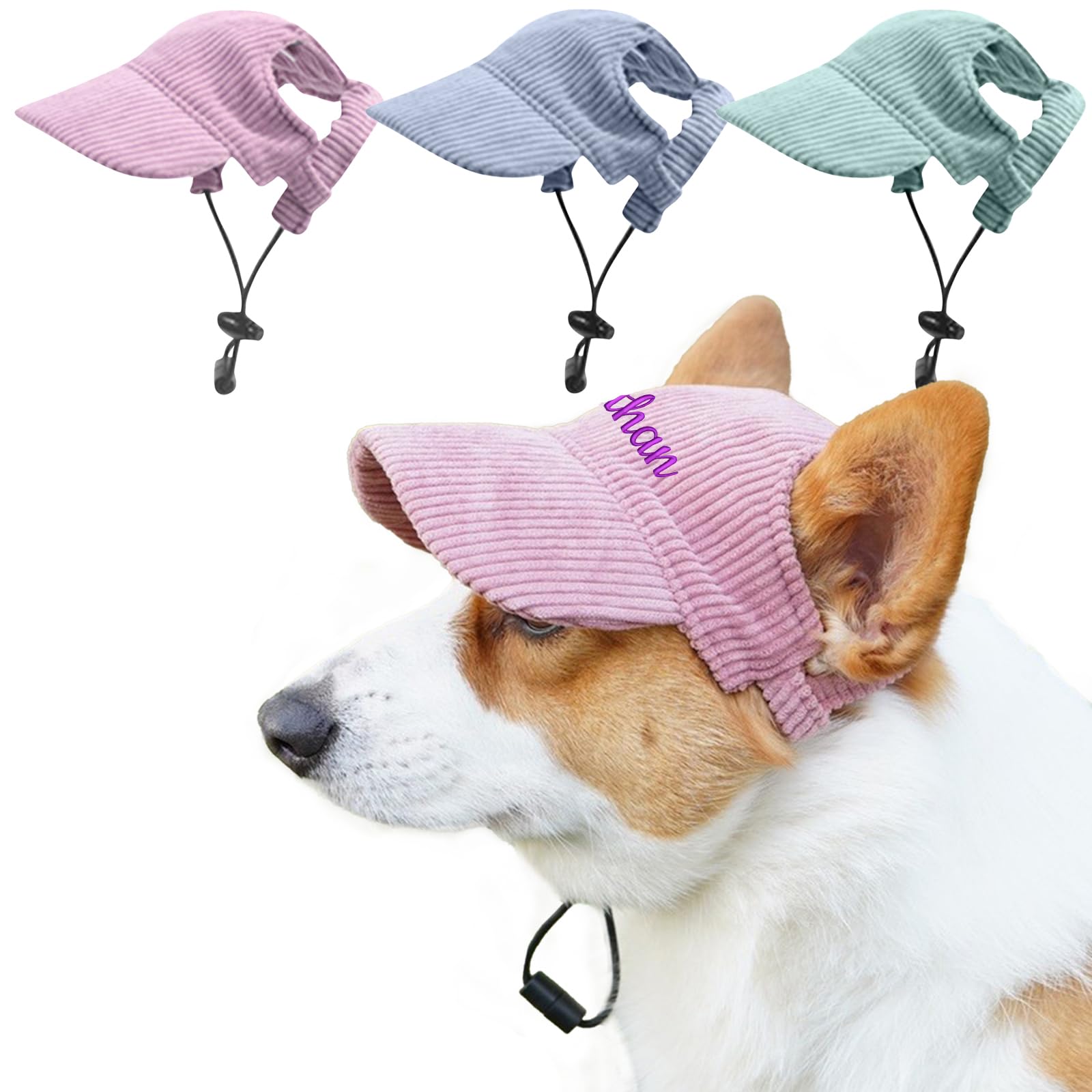 Personalized Dog Hat with Embroidery Name, UPF50+ UV Protection, Summer Outdoor Sun Hat for Small Dogs Cats with Ear Holes, Adjustable Rope Buckle Corduroy Pink XL