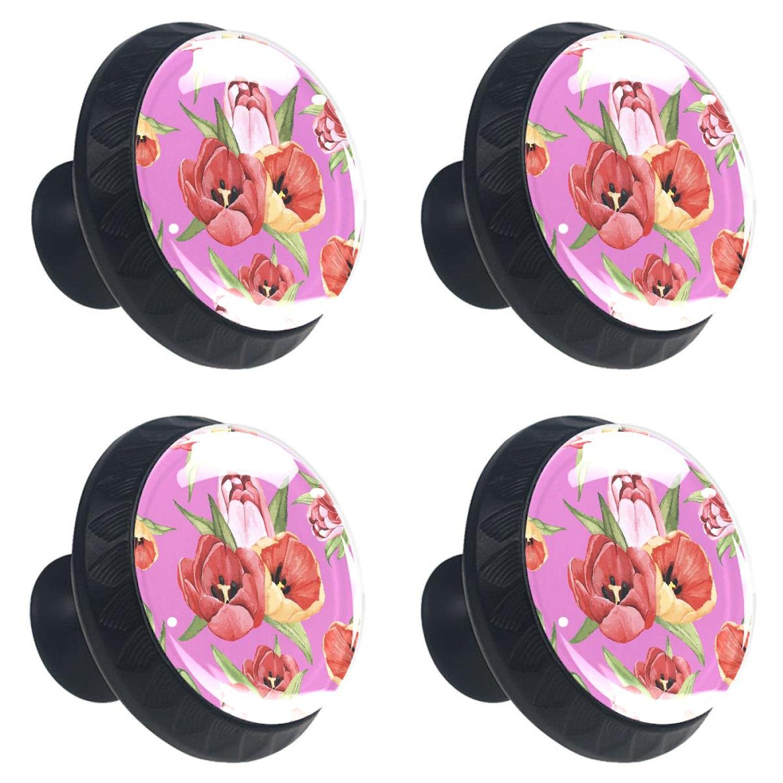 Boutons de tiroir en cristal tulipes rouges 30mm pour meuble lot de 4