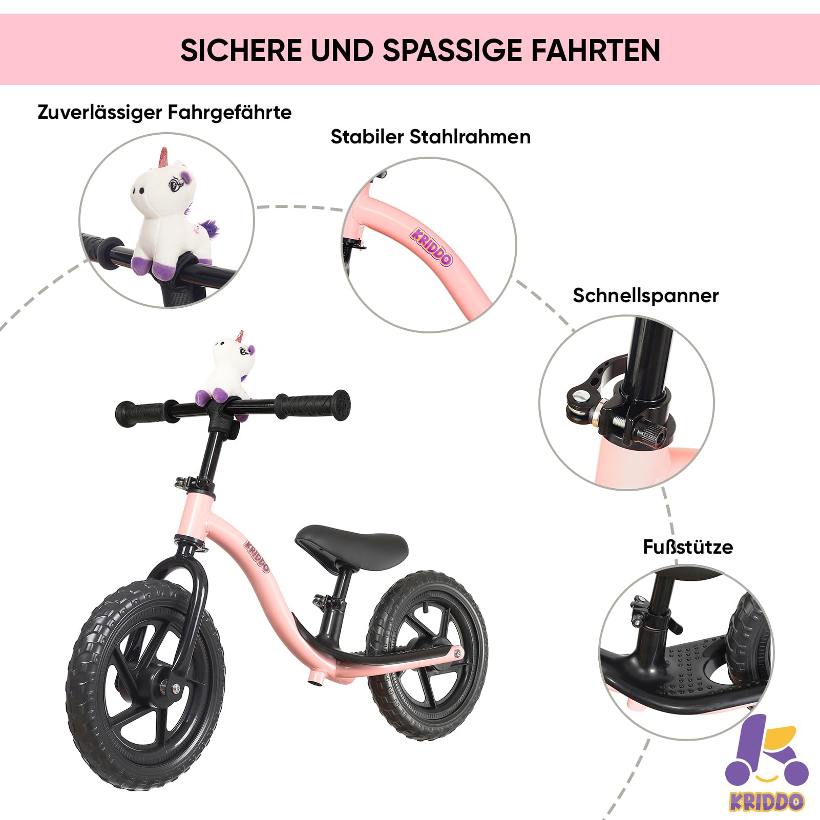 KRIDDO Kinder Laufrad ab 2 Jahre, Lauflernrad ab 18 Monaten bis 5 Jahren, interaktives Balance-Fahrrad mit Fußstütze und Lenker, Geschenk für Jungen und Mädchen zum Geburtstag, Baby Spielzeug | 2 Jahre