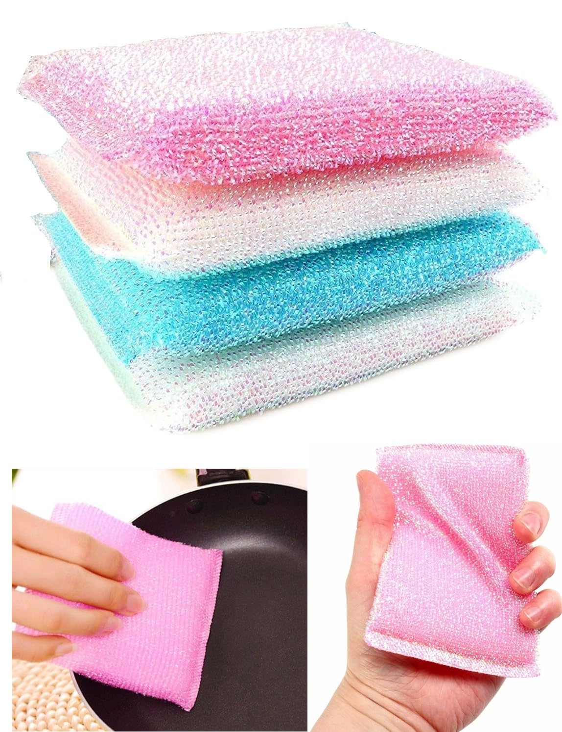 4 Non Stick Sponge Scourers Pearl Scouring Pads Kitchen Clean Pan Washing Scrub