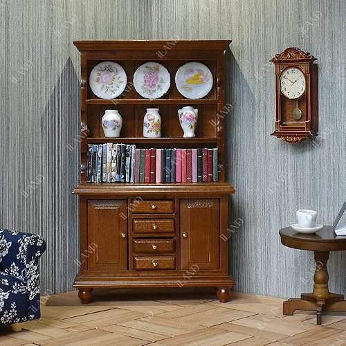 Miniatura 3 de iLAND Muebles de casa de muñecas en miniatura a escala 1 y 12, silla de casa de muñecas, mesa, estantería y alfombra (4 piezas clásicas)