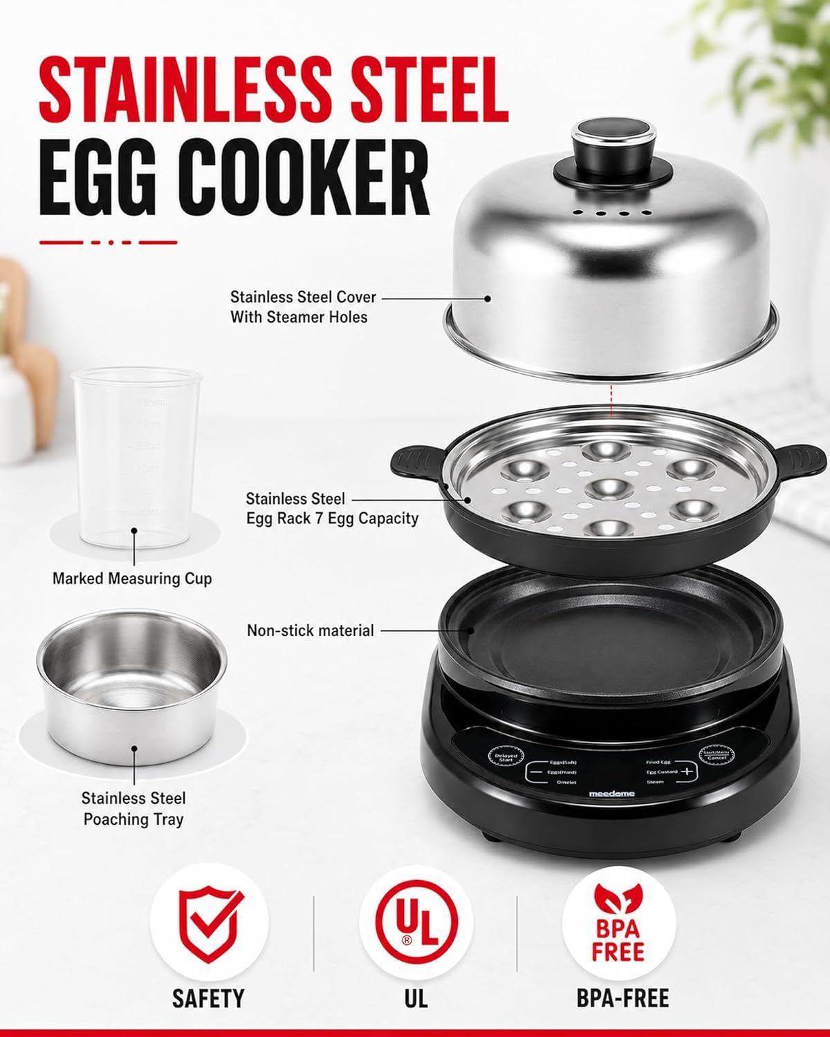 Rapid Egg Cooker, Stainless Steel Electric Egg Steamer for Hard and Soft Boiled Eggs, Fried Egg and Omelet Maker, Auto Shut-Off, Dishwasher-Safe Parts, BPA-Free, Holds 7 Eggs, Black thumbnail