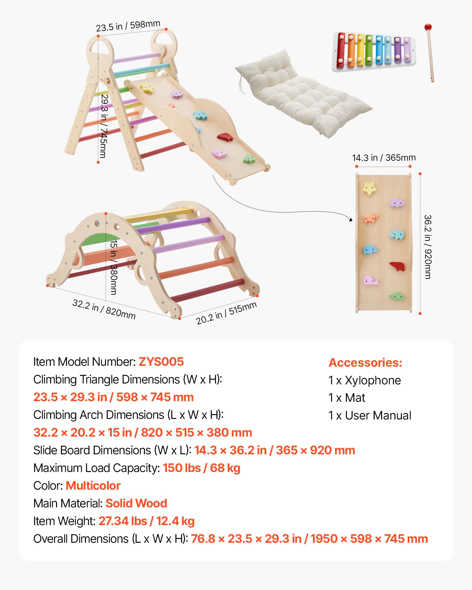 VEVOR Set Triangolo Pikler Struttura Arrampicata 9 in 1 per Bambini Piccoli, Portata 68 kg uso Interno, con Xilofono Cuscino Triangolo Arco e Rampa, Set Montessori Pieghevole per Crescita Equilibrio