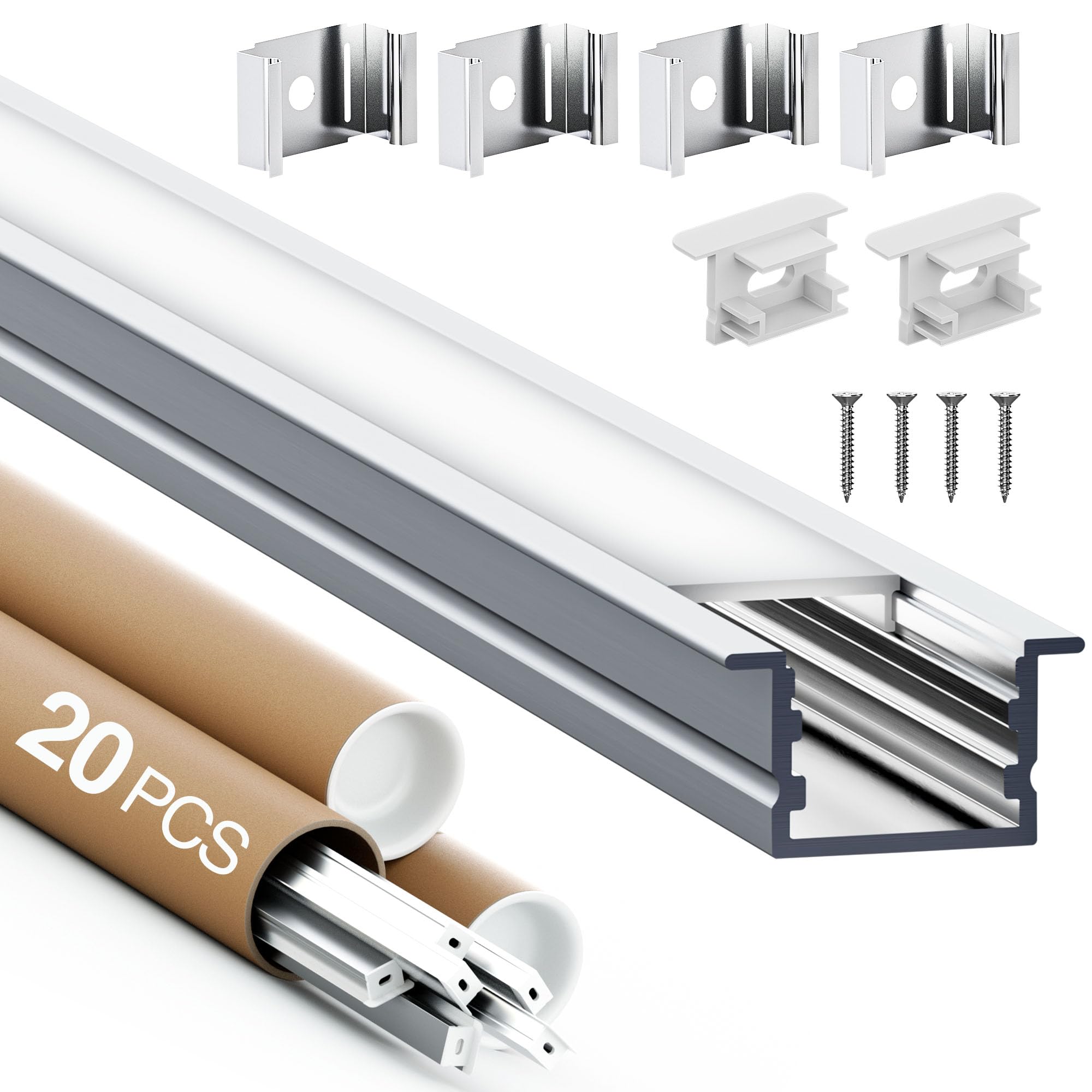 20 x Profili per Strisce LED 2 m (40m) U Profilo Alluminio per Cartongesso, Compatibile con Strisce LED fino a 15 mm – Binario LED con Diffusore Opalino, Tappi Finali, Viti - 2000 x 27,2 x 15mm