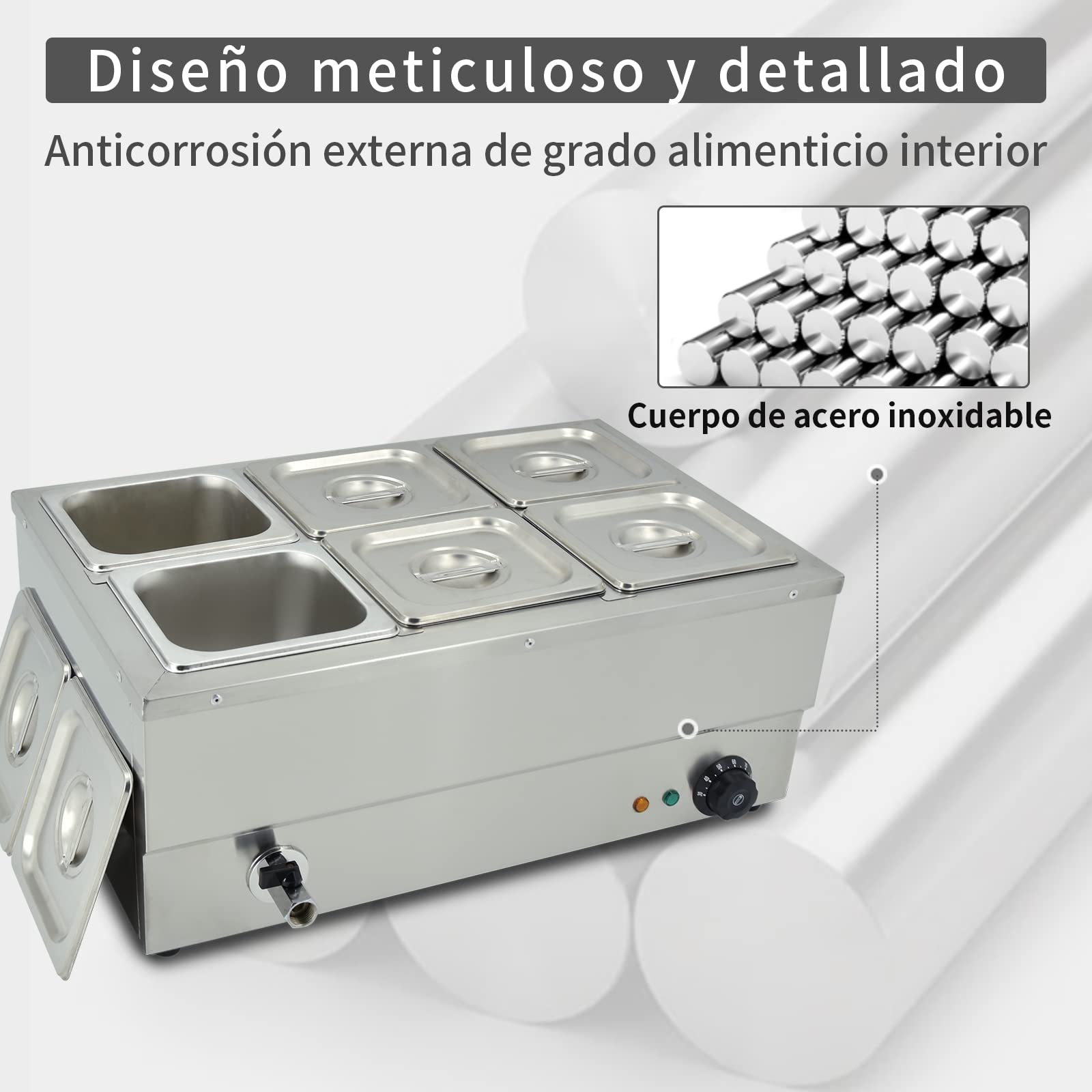 TAIMIKO Bain Marie Stainless Steel Professional Electric Dish Warmer 1500 W Buffets 6 Trays with Drain Tap Temperature 30 to 85°C for Parties, Restaurants, Hotels and Kitchens