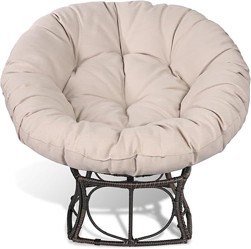 Erotr Silla Papasan de mimbre de ratán, silla giratoria de 360 grados con cojín grueso, silla de luna para sala de estar, dormitorio, sala de