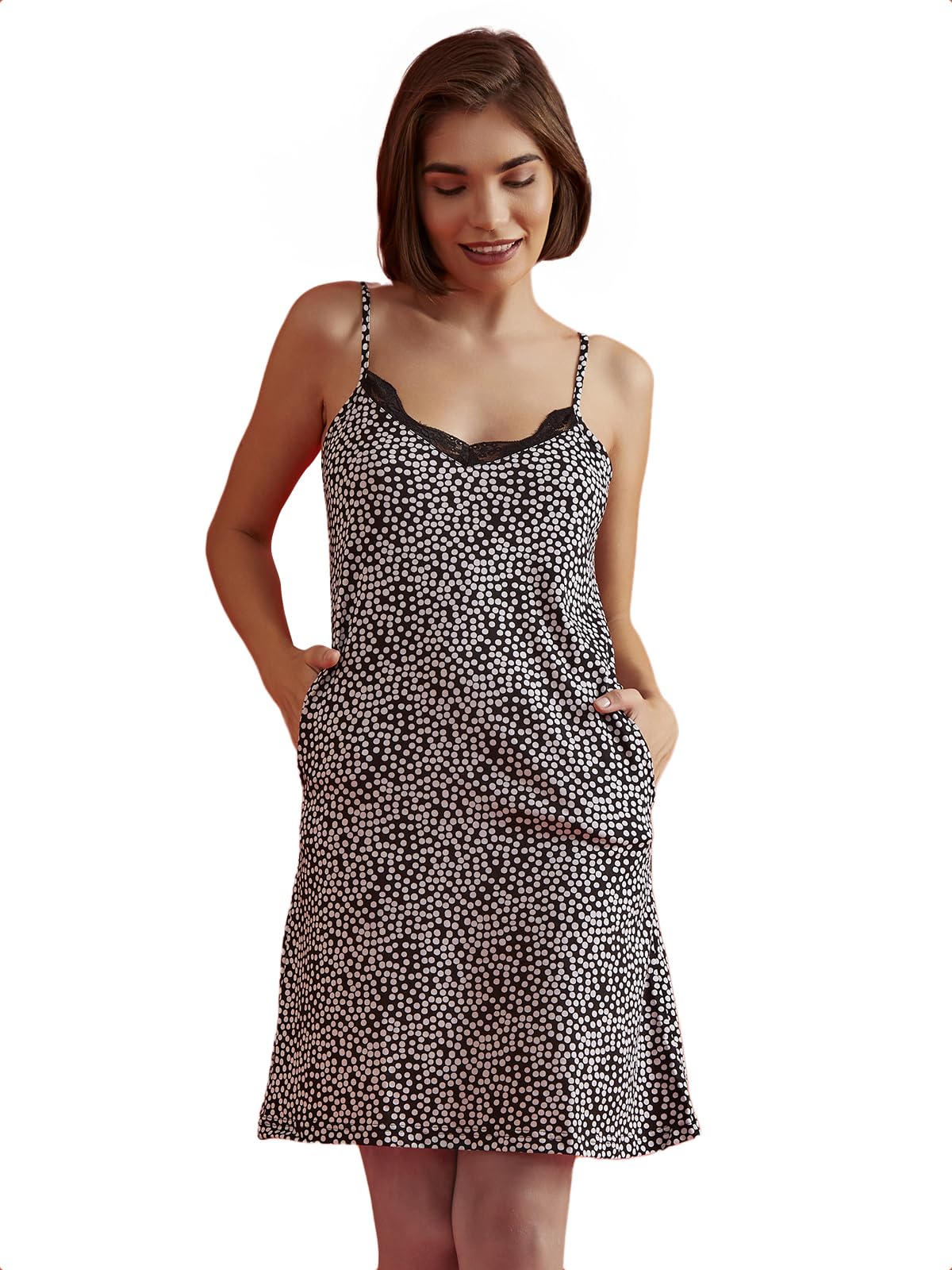Women's Cotton Polka Dots Knee Length Nighty (NS1088A13L_Black_L)