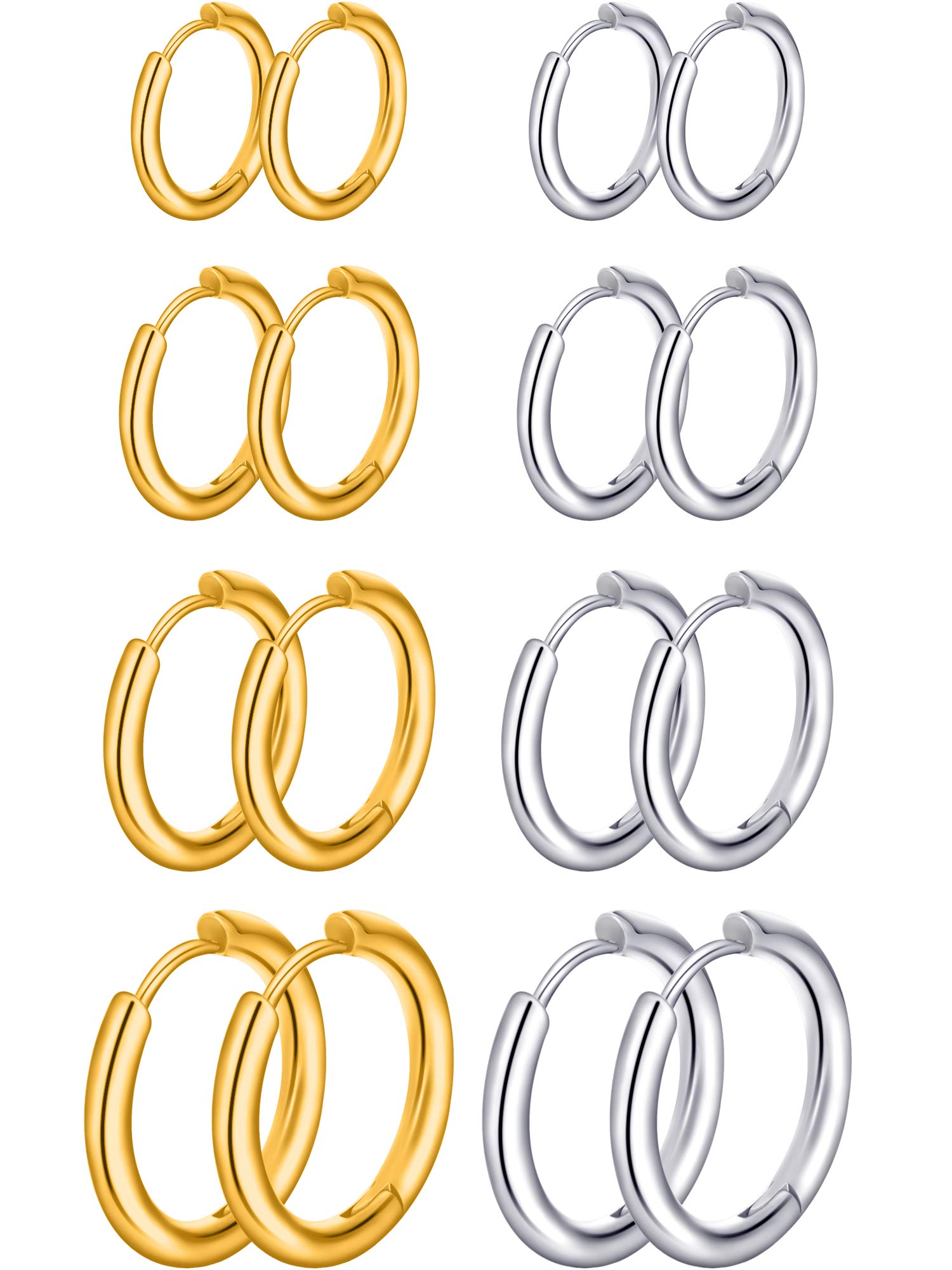 Hicarer 8 Pares de Pendientes de Aro de Cartílago Pendientes de Aro Pequeños de Acero Inoxidable Anillos de Labio Nariz para Mujeres Hombres(8 mm, 10 mm, 12 mm, 14 mm, Color Acero, Oro)