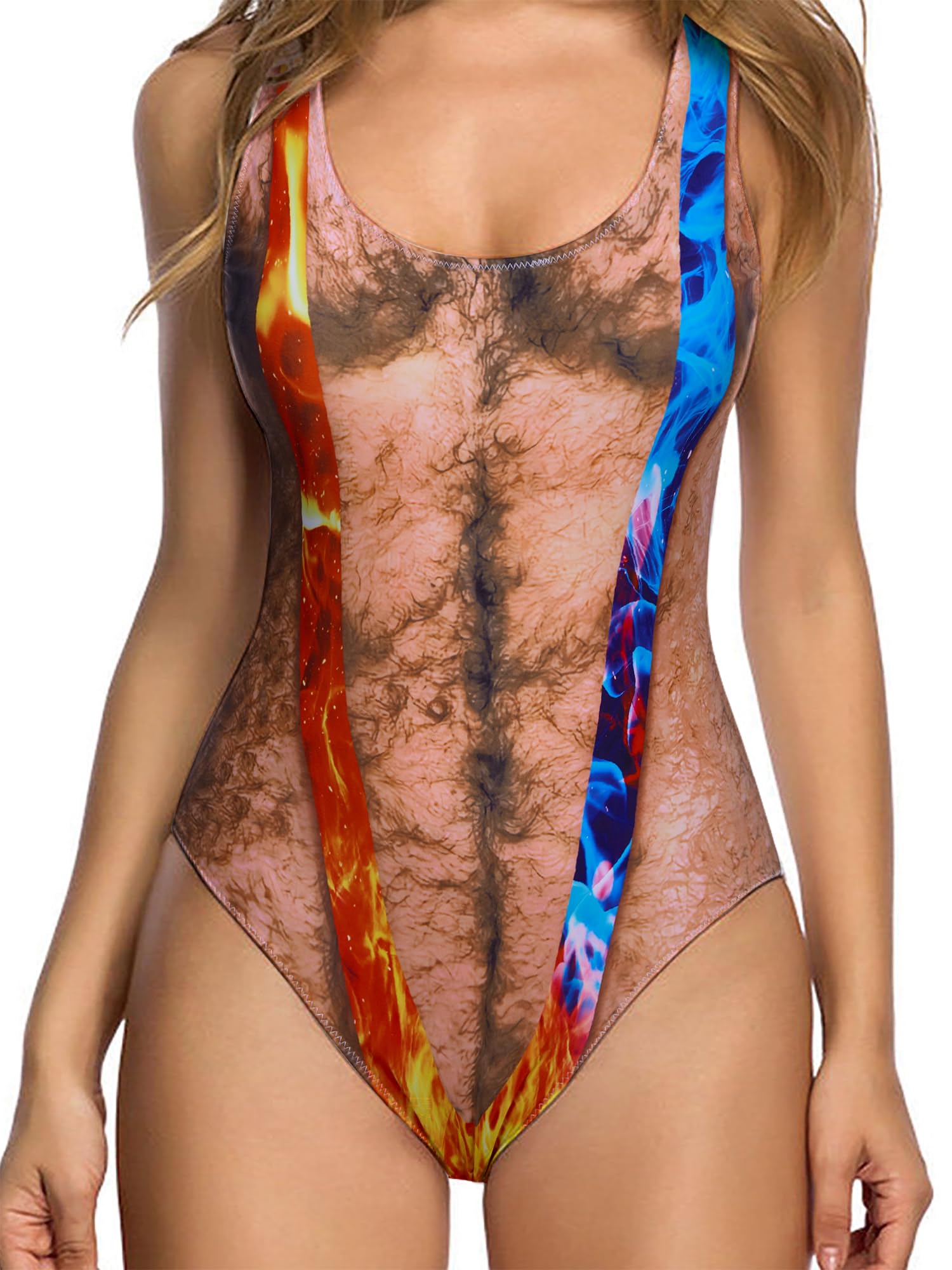 uideazone Women Funny Chest Muscle Deep V Backless One Piece Bathing Suit | Color Block Butt Lifting Swimsuits High Stretch Quick Dry Breathable Monokini Removable Pads for Beach Pool Vacation Party