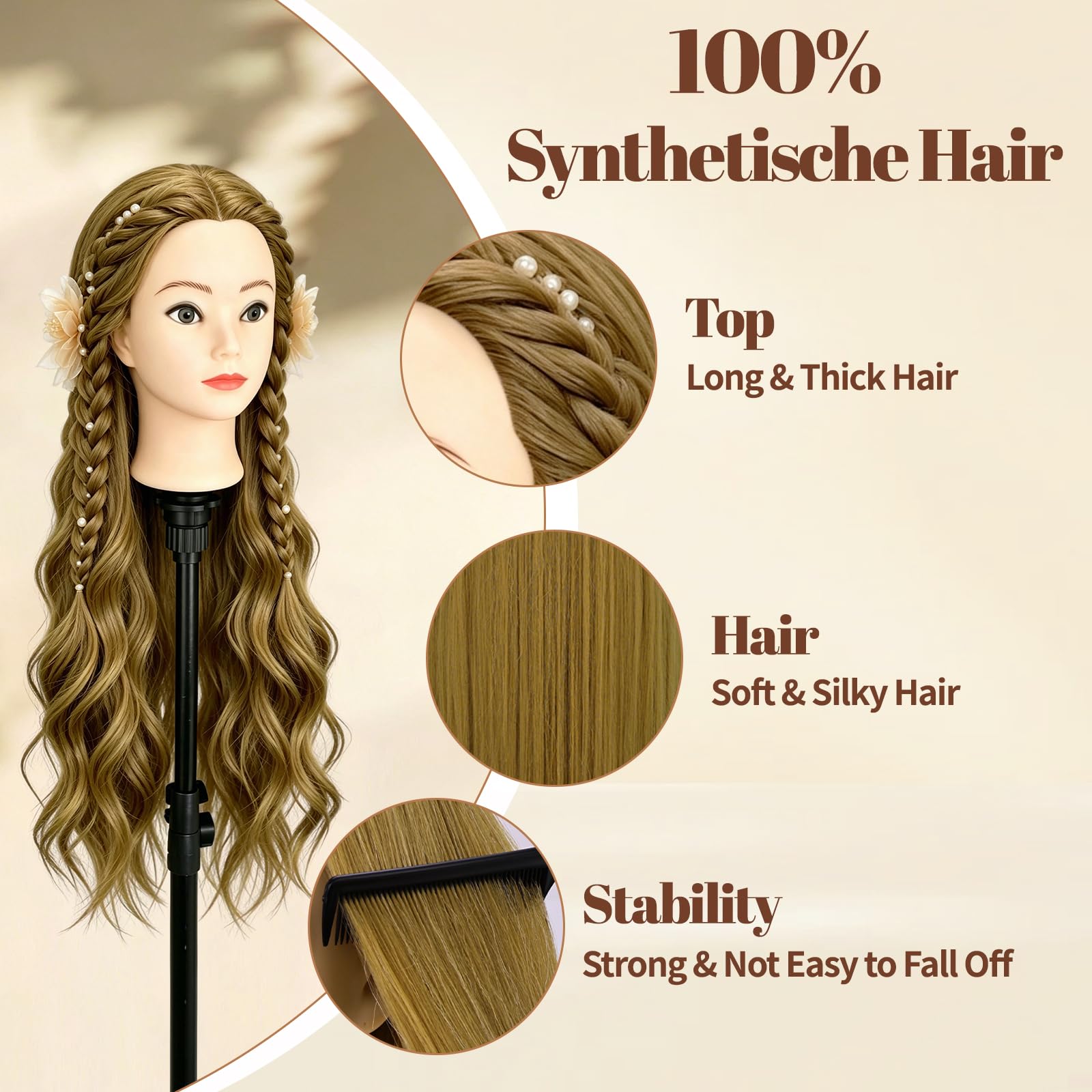 Yofuly 28-29Zoll / 71–74cm Frisierkopf mit Ohrlöchern, 100% Kunsthaar, Übungskopf Frisieren Trainingsköpfe Puppenkopf Friseur Mannequin Kopf mit Tischklemme + DIY-Zopfset (Blond)