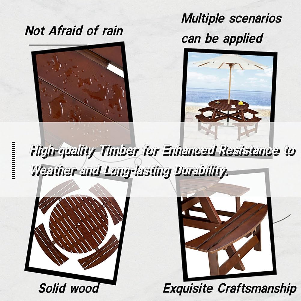 Kids Picnic Table, 8 Person Outdoor Picnic Tables & Benches Set with Umbrella Hole and 4 Built-in BenchesOutside Table and Bench Set for Park, Garden, Backyard, Patio,Brown