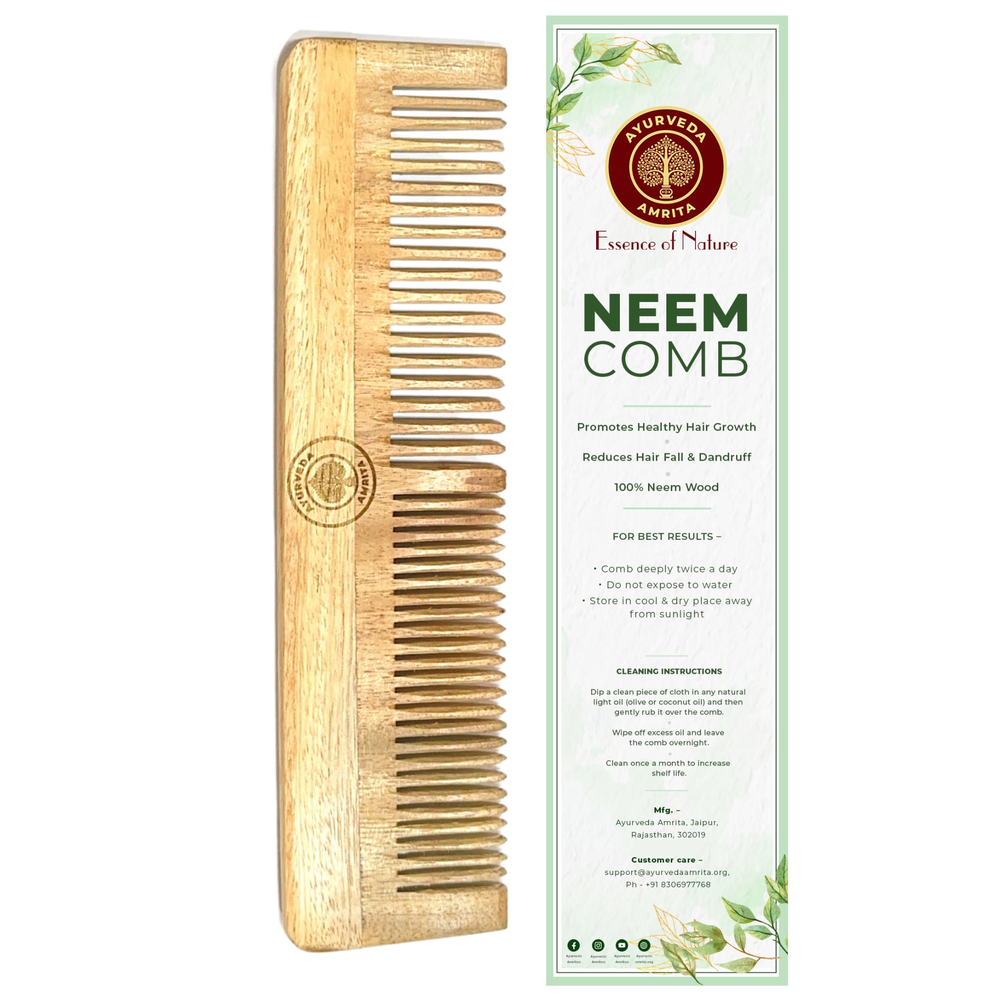 Ayurveda Amrita Organic Twin Tooth Neem Wood Comb for Stimulating Hair Growth, Help in Dandruff Removal