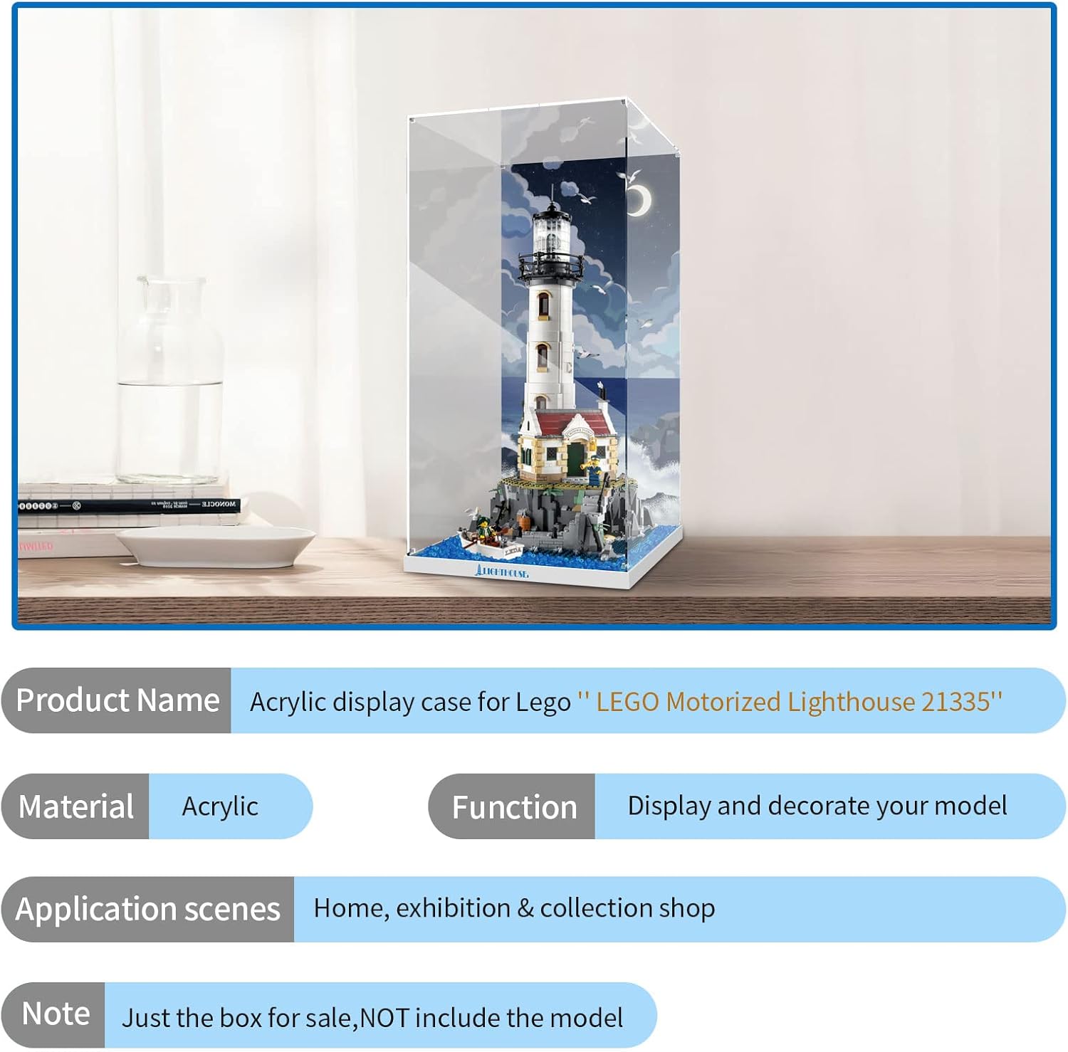 Acrylic Display Case for ( Lego Motorized Lighthouse 21335 ) Building Block Model, Customized Decorative Clear Storage Box, Acrylic Plate with Base & Painted Background