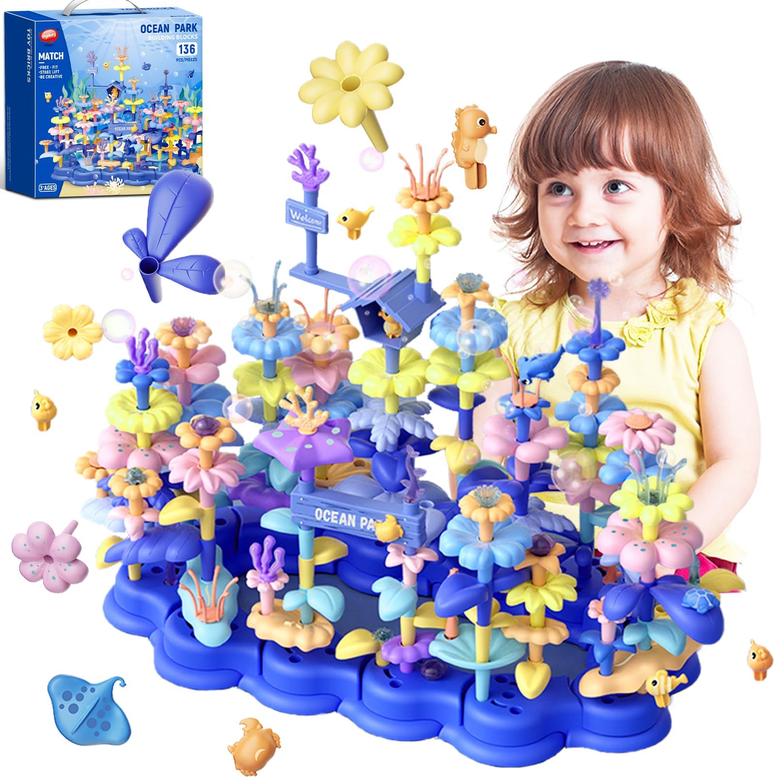 Stacking Toddler Toys for 3 4 5 6 7 Years Old Girls Boys (136PCS), Ocean Coral Flower Garden Building Toy Set, STEM Educational Brain Development Building Toys Gifts for Birthday Christmas