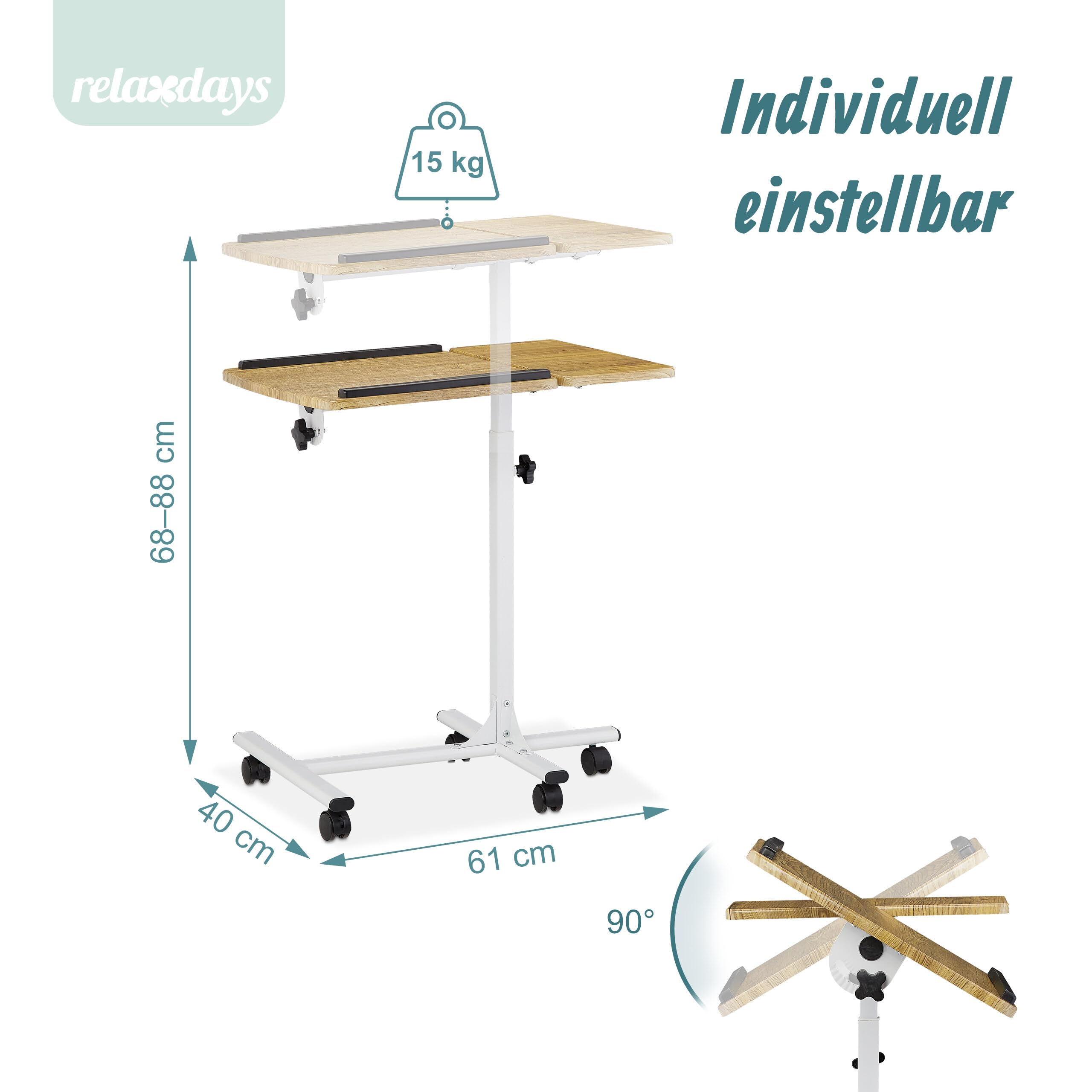 Relaxdays Laptoptisch höhenverstellbar, rollbar, neigbare Tischplatte, Mausablage, HBT: 68-88 x 61 x 40 cm, braun-weiß
