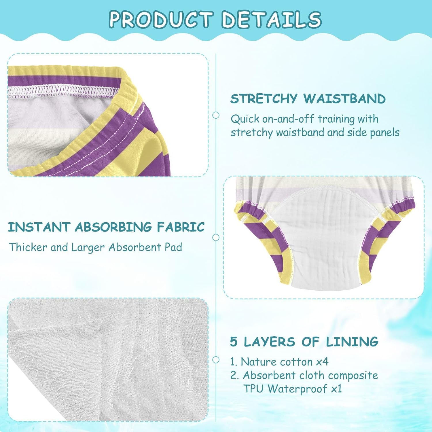 Baby Boys Potty Training Toilet Pants Absorb Water Overnight Training Pants Potty Training Underwear Briefs for Kids 4T Violet Yellow Stripes