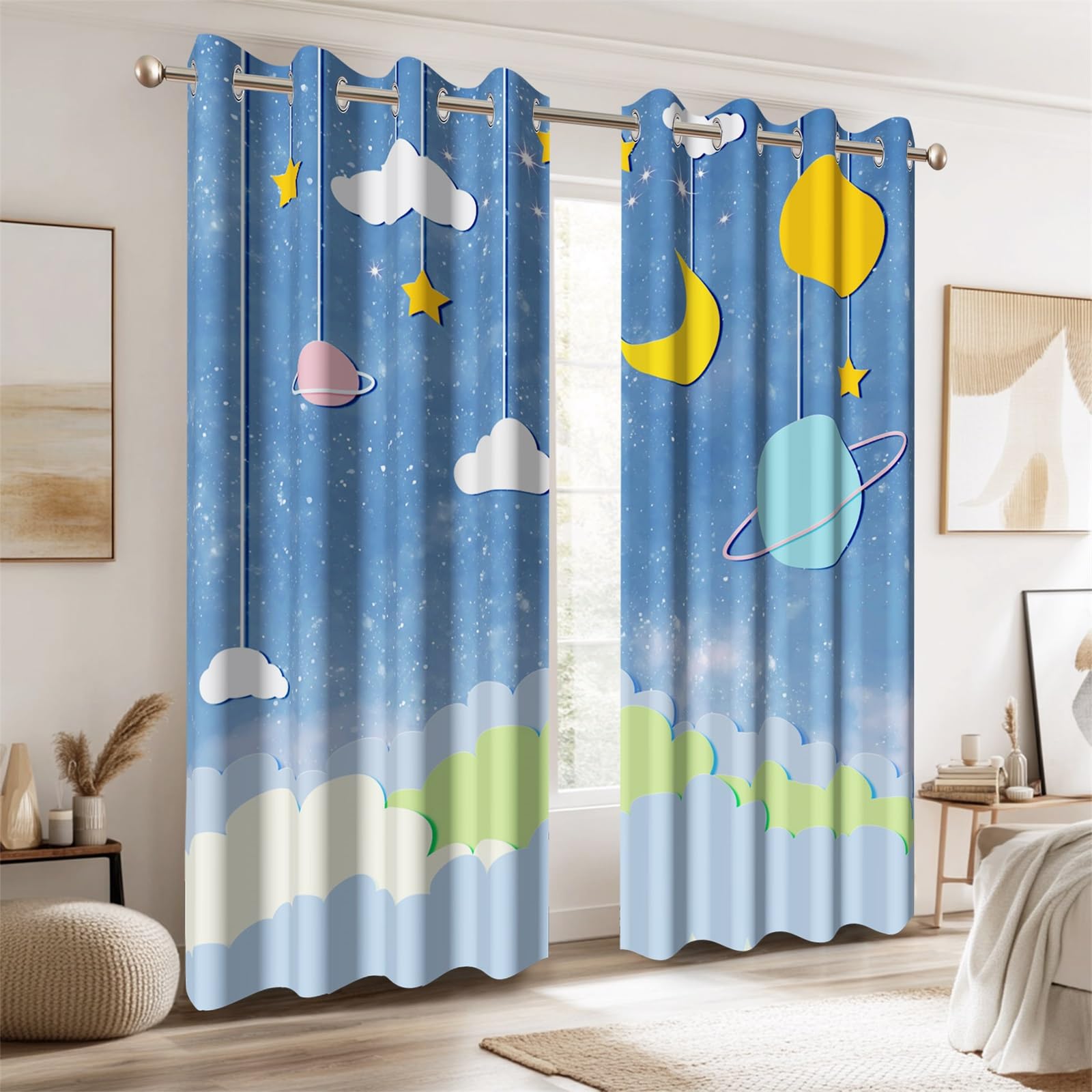 Ttincceer Galaxy Blackout Curtains 107x160cm Caroon Outer Space Universe Planet Kids Children Bedroom Window Drape Privacy Protection Thermal Insulation Nursery Baby Room Decorative 2 Panels - Image 2