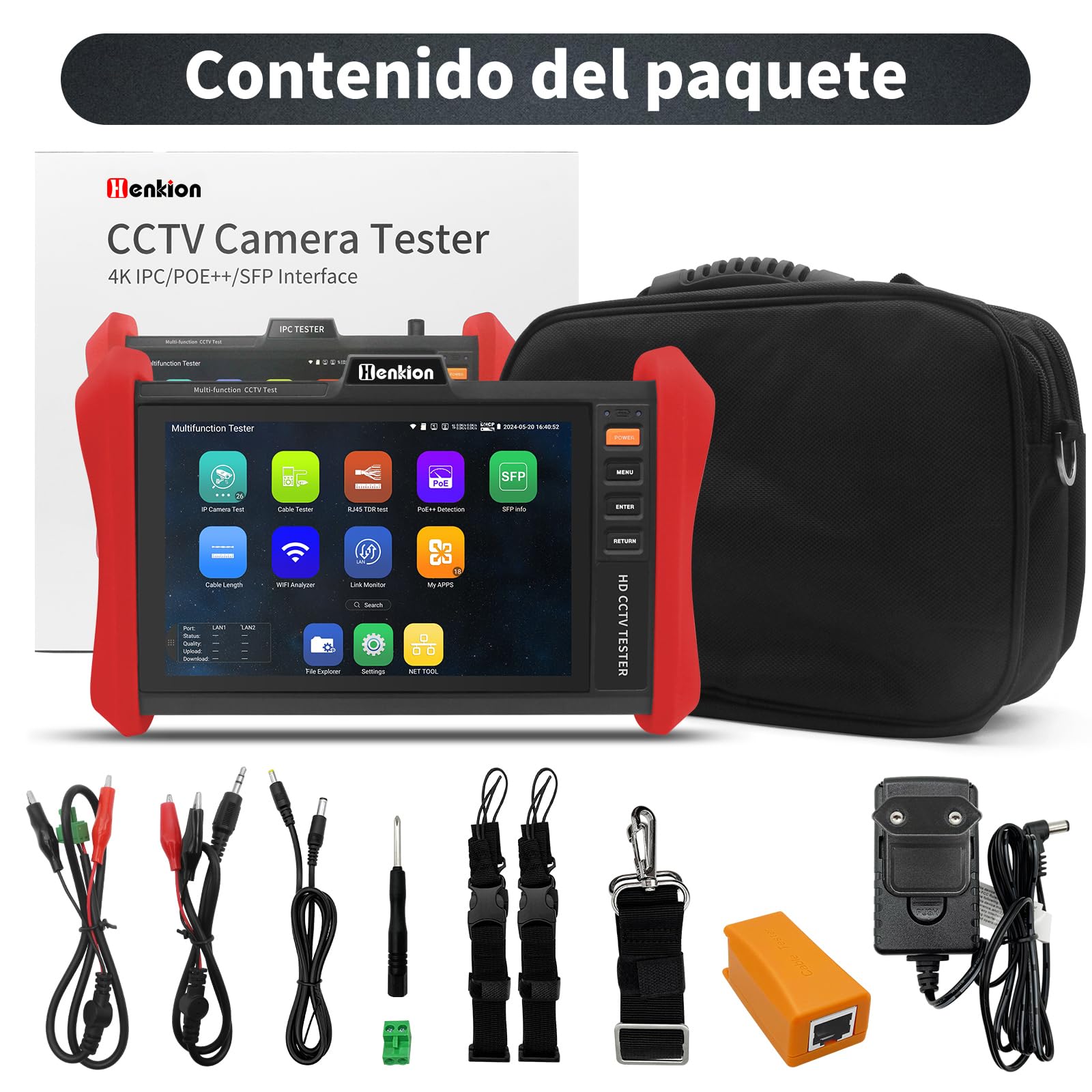 Henkion Monitor Probador de CCTV 4K 12MP Tester Cámaras IP POE++ Máx 90W Test Cámaras POE Pantalla Táctil IPS 8 pulgadas 1920x1200 Módulo SFP 1CH WiFi Herramientas Red Test Cables Detección POE E88