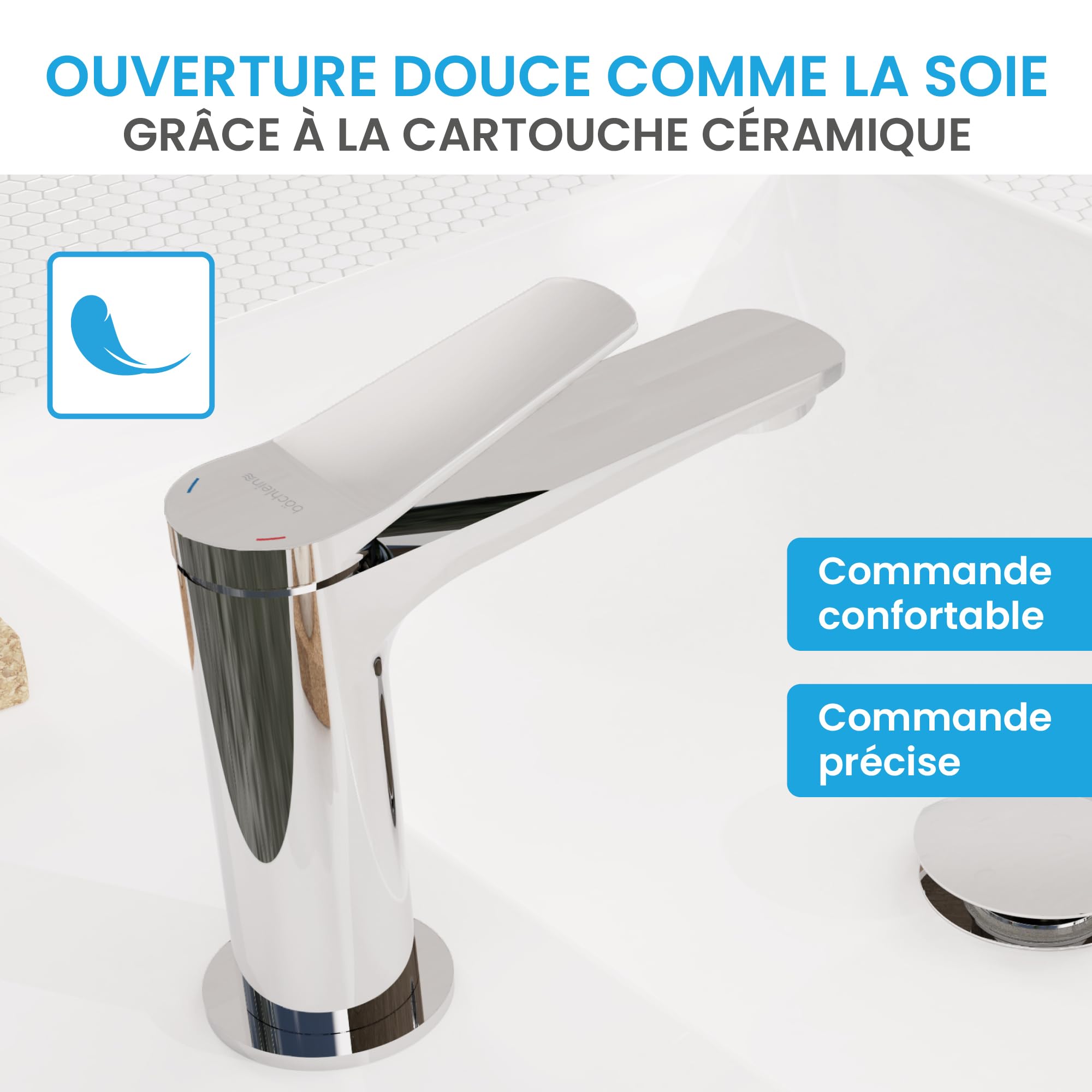 Bächlein Mitigeur de salle de bain Aldeya au design moderne, mitigeur monocommande avec cartouche en céramique durable et kit de montage, robinet de salle de bain chromé