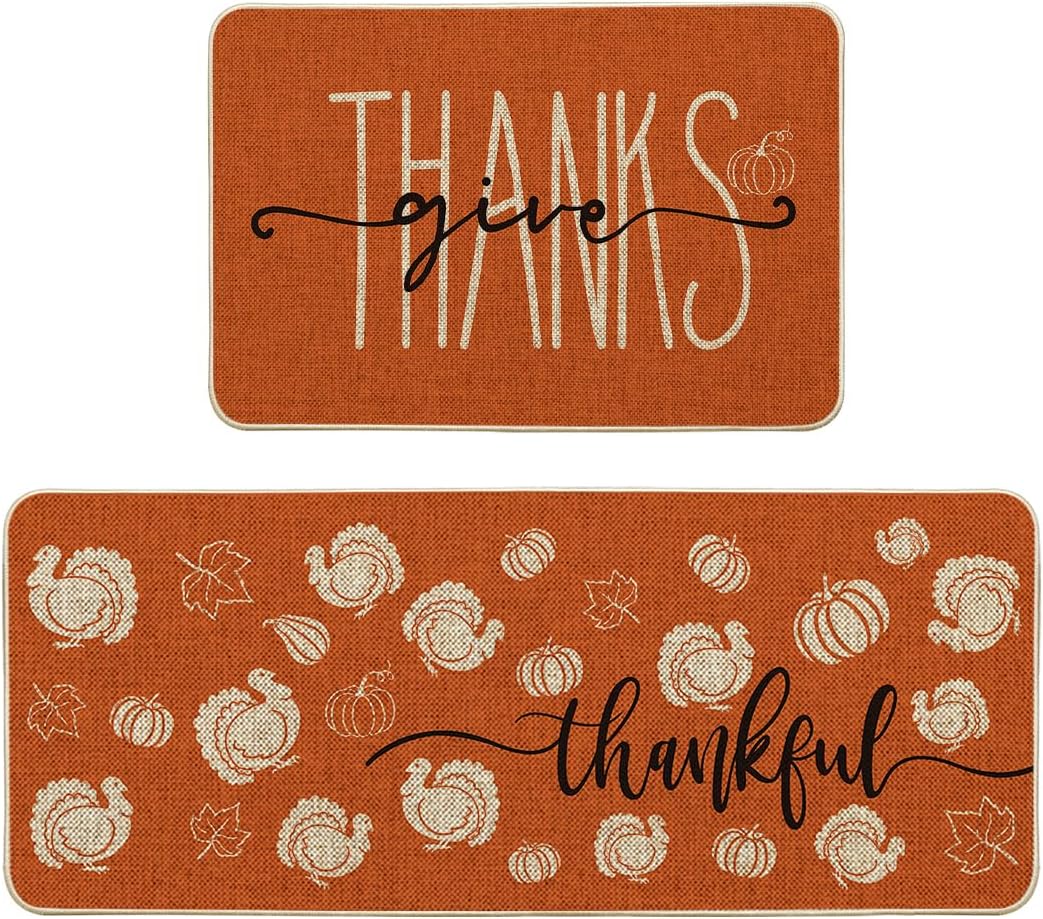 Artoid Mode Turkey Pumpkin Maple Leaves Thanksgiving Kitchen Mats Set of 2, Home Decor Low-Profile Kitchen Rugs for Floor - 24x35 and 24x59 Inch