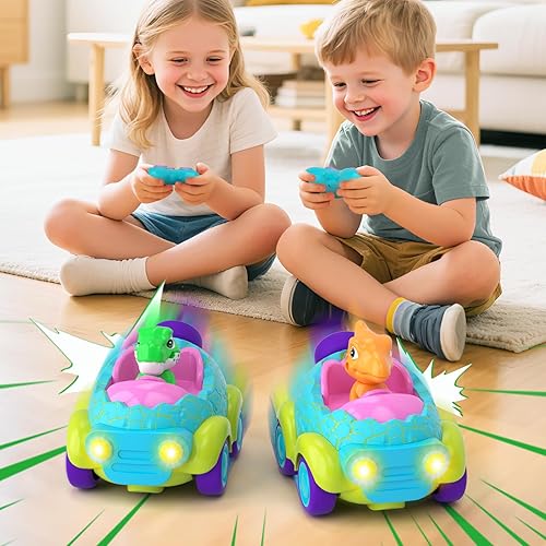 Miniatura 5 de Auto a control remoto para niños pequeños, juguetes de dinosaurio para edades de 2 a 4 años con luces y música, auto RC recargable, regalos de