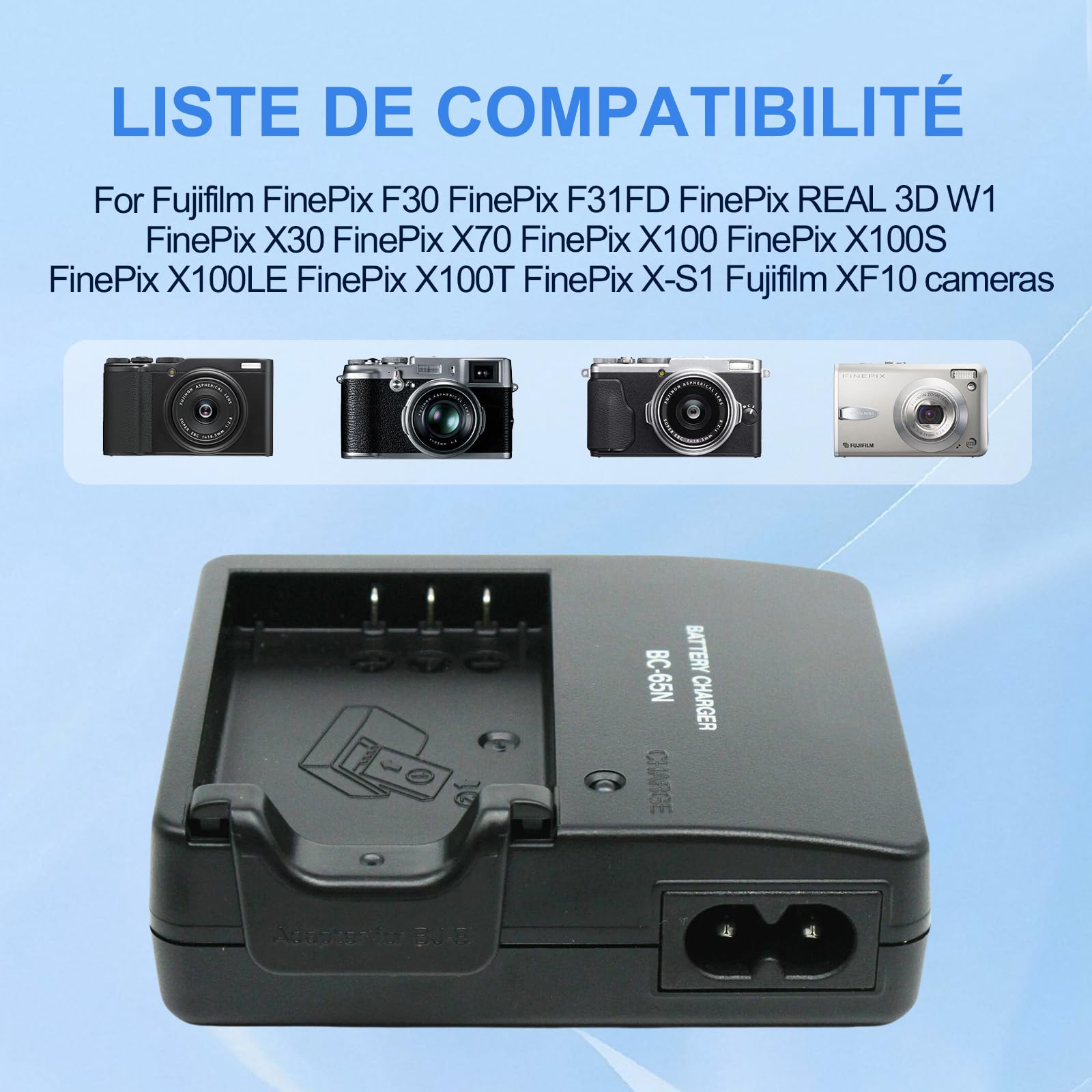 BC-65N NP-95 Chargeur de Batterie Compatible avec Fujifilm FinePix F30 FinePix F31FD FinePix Real 3D W1 FinePix X30 FinePix X70 FinePix X100 FinePix X100S FinePix X100LE FinePix X100T Appareil Photo