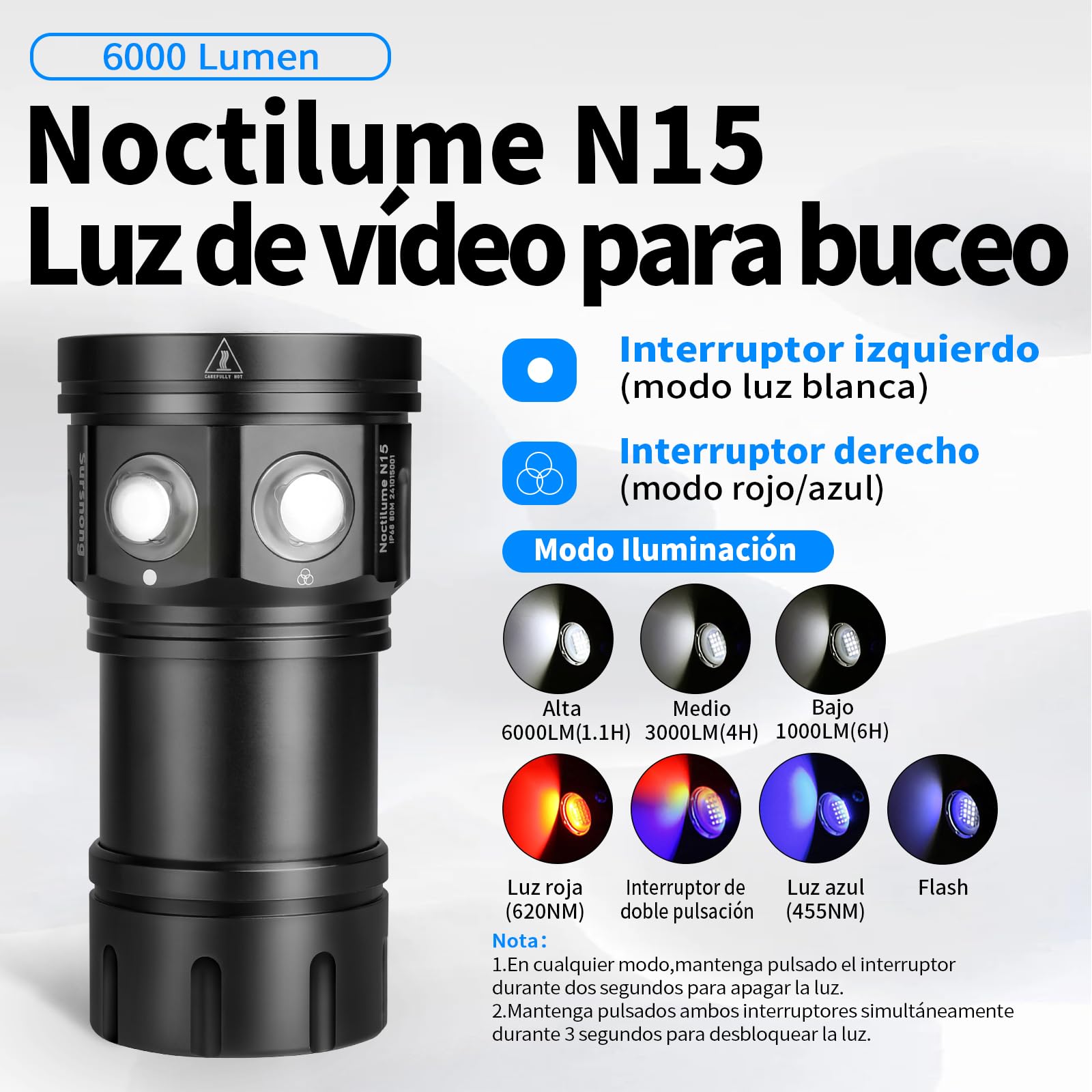 Noctilume N15 6000 Lumens Linterna Buceo Video CRI 90 6500K IP68 80m