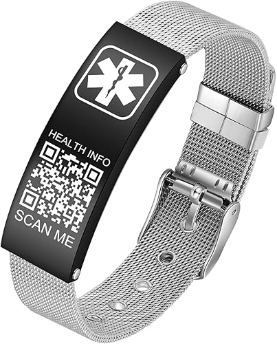 Pulseras médicas mejoradas para hombres y mujeres con código QR, pulseras de identificación de alerta médica - Brazalete de acero de titanio, se