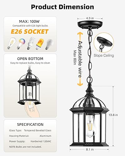 Miniatura 5 de VIANIS Lámpara colgante grande de 13.8 pulgadas para exteriores, luces colgantes negras para porche con vidrio templado, antioxidante, luz de techo