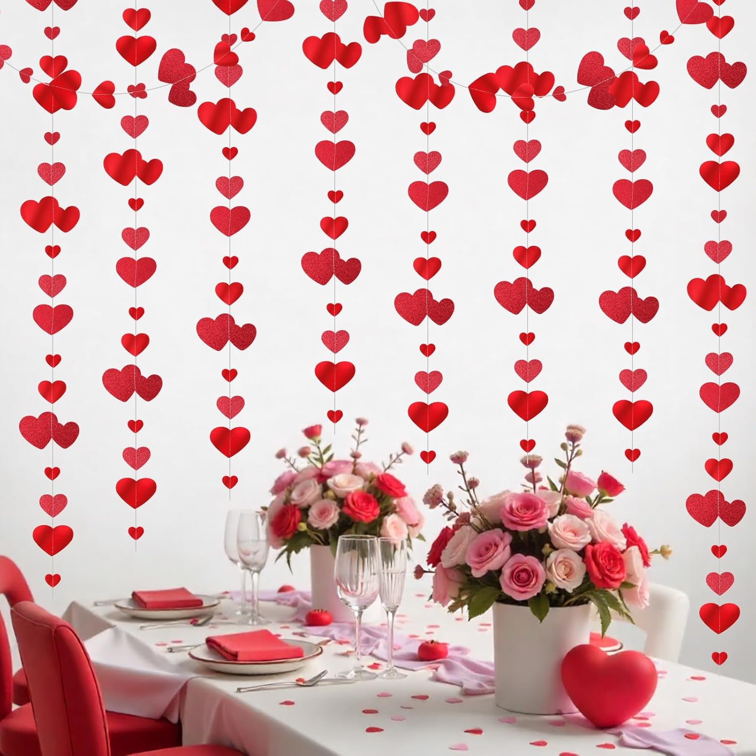 Valentine's Day Decorations Red Heart Garland, Red Heart Hanging Glitter Streamer Bunting Banner, Party Decorations Garland, For Anniversary, Valentines Day, Engagement Wedding Bridal, Shower, 40 Feet - Image 3