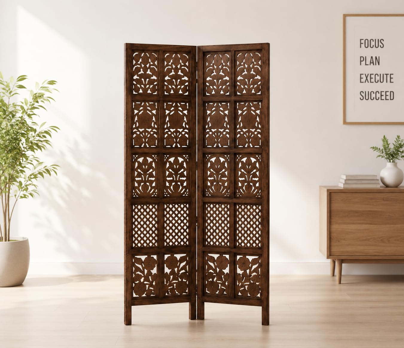 Wooden Room Divider 6ft Tall 2 Panel Beautifull Folding Privacy Screen, Partition for Bedroom, Home, Office, Studio & Restaurant (150W x 1.8H m) (Brown)-image-13