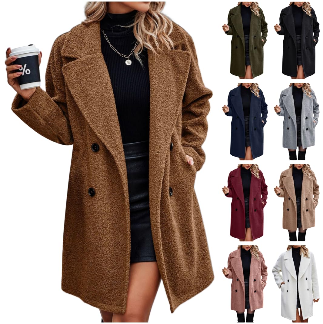 Dyhxuan Teddy Fleece Coat Women's Elegant Lapel Fleece Coat Double Breasted Plush Trench Coat Soft Teddy Jacket Warm Winter Coat Outdoor Winter Jacket Fleece Jacket Plain Plush Coat Trench Coat, dark