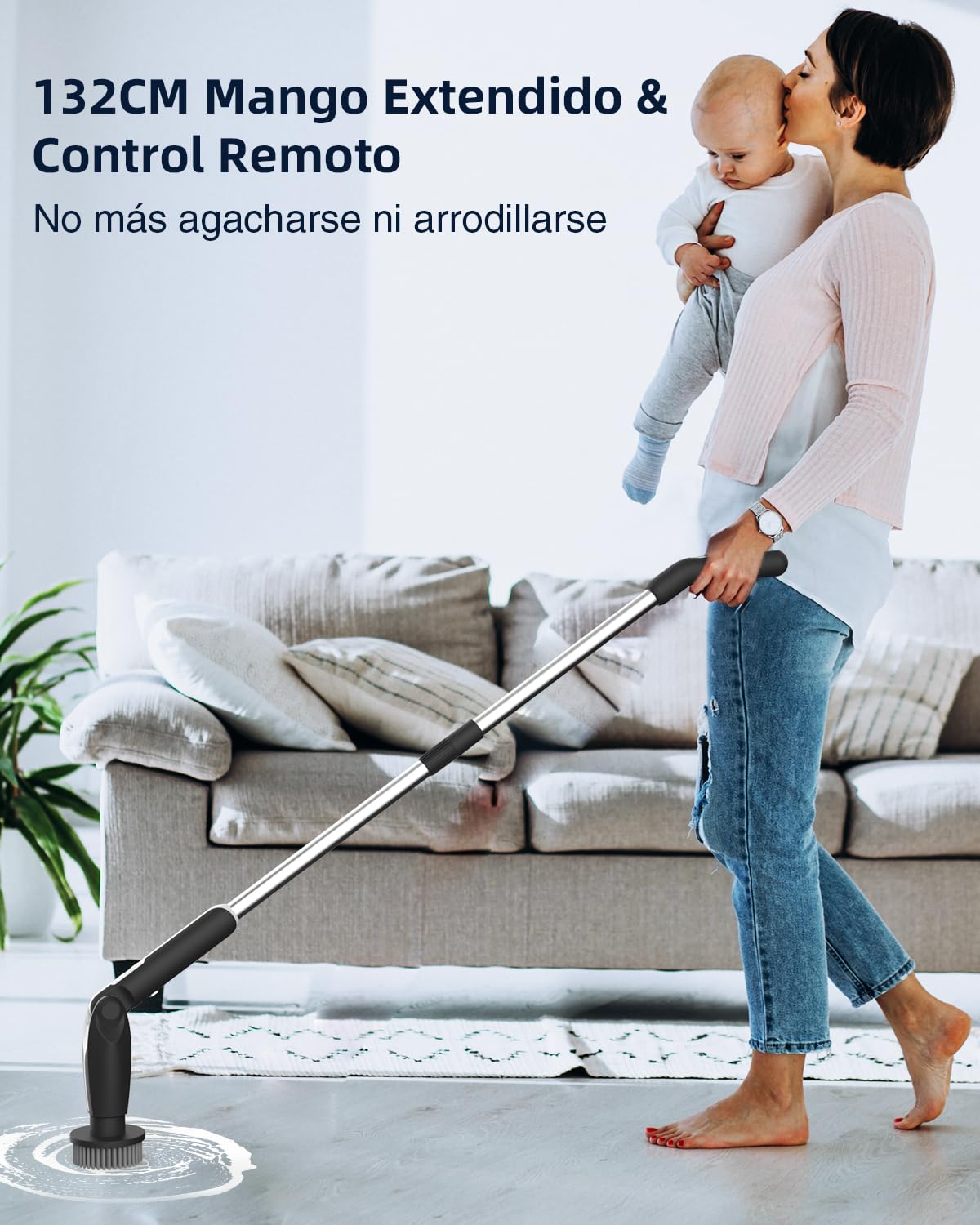 Leebein Cepillo Eléctrico Limpieza Hogar, 2026 Fregadora Giratoria Eléctrica con 8 Cepillo Reemplazables, Control Remoto, 2 Velocidades de Rotación y Mango Ajustable 38-132CM para Baño/Cocina/Coche