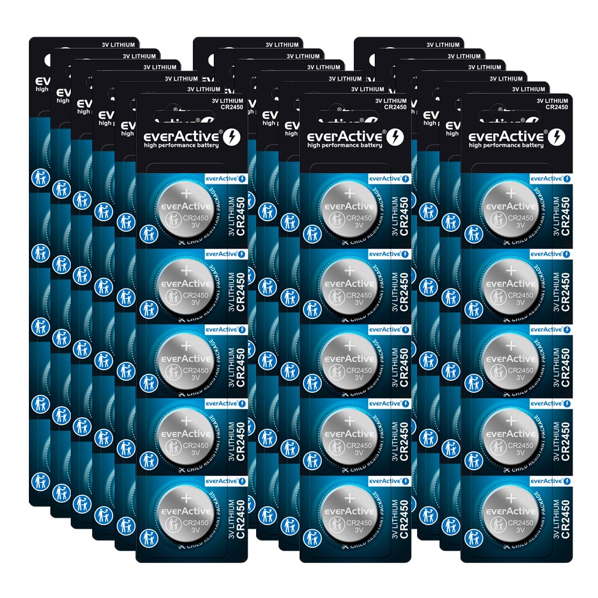 everActive CR2450, 3V, 5X Lithium Knopfzelle Batterien, leistungsstärkste Batterie, 10 Jahre Haltbarkeit, 50 Stück -10 Blisterkarten