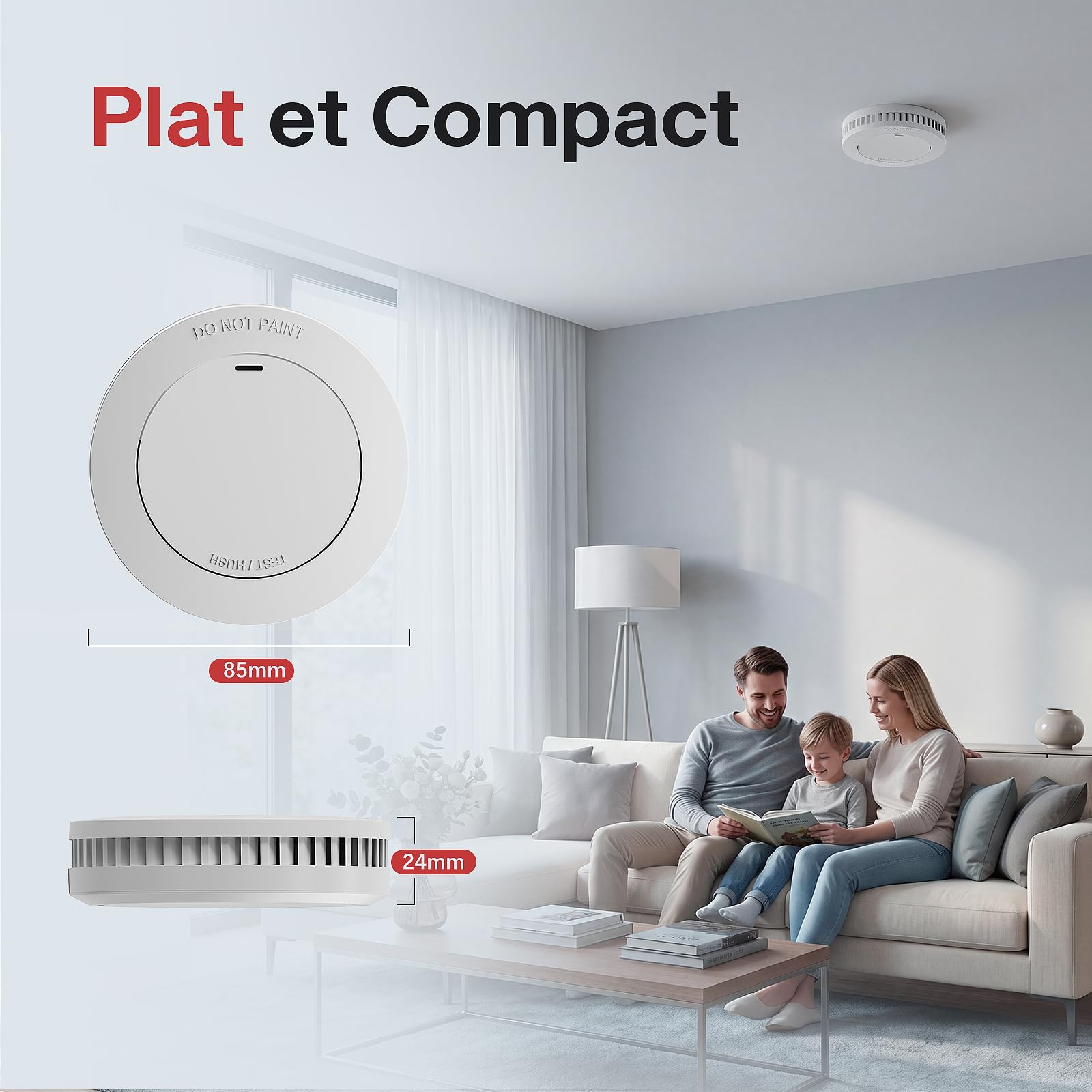 RUNIDUR Détecteur de Fumée, Autonomie de 10 Ans, Alarme Incendie Mini et Ultra-Fin, sans Voyant Clignotant et sans Perçage, 1 Pièce