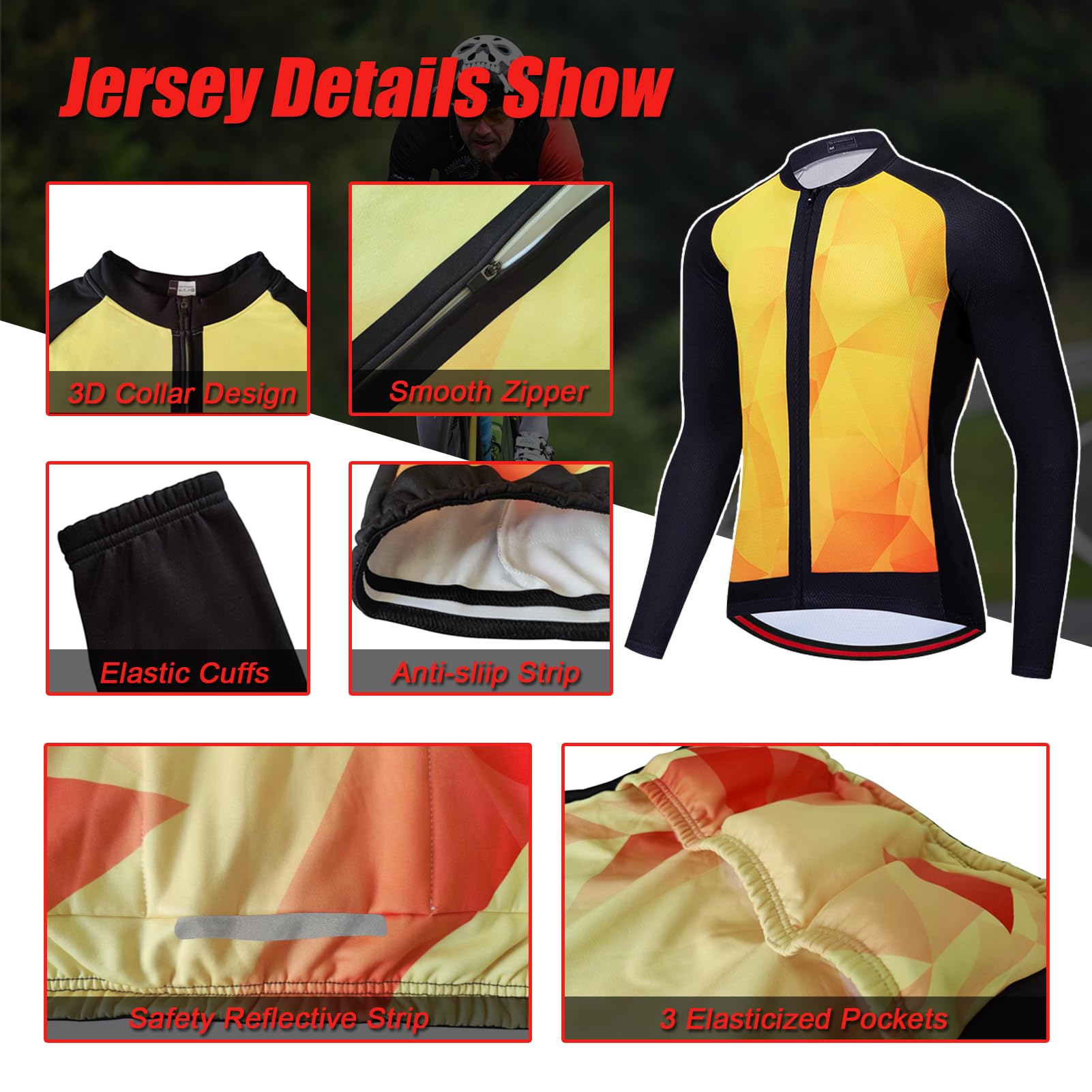 Ropa Ciclismo Hombre Conjunto Bici MTB Invierno Maillot Ciclista Polar Térmico,Traje Bicicleta Chaquetas Ciclo Manga Larga y Pantalones Tirantes con 19D Gel Acolchado,Completa BTT Jerseys Transpirable